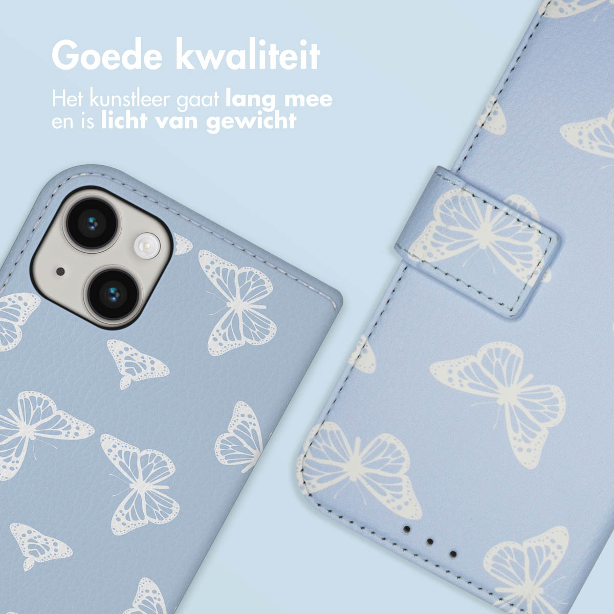 Hellblaue Handyhülle mit weißem Schmetterlingsdesign. Die Hülle ist geschlossen. Ein Telefon ist eingesetzt.