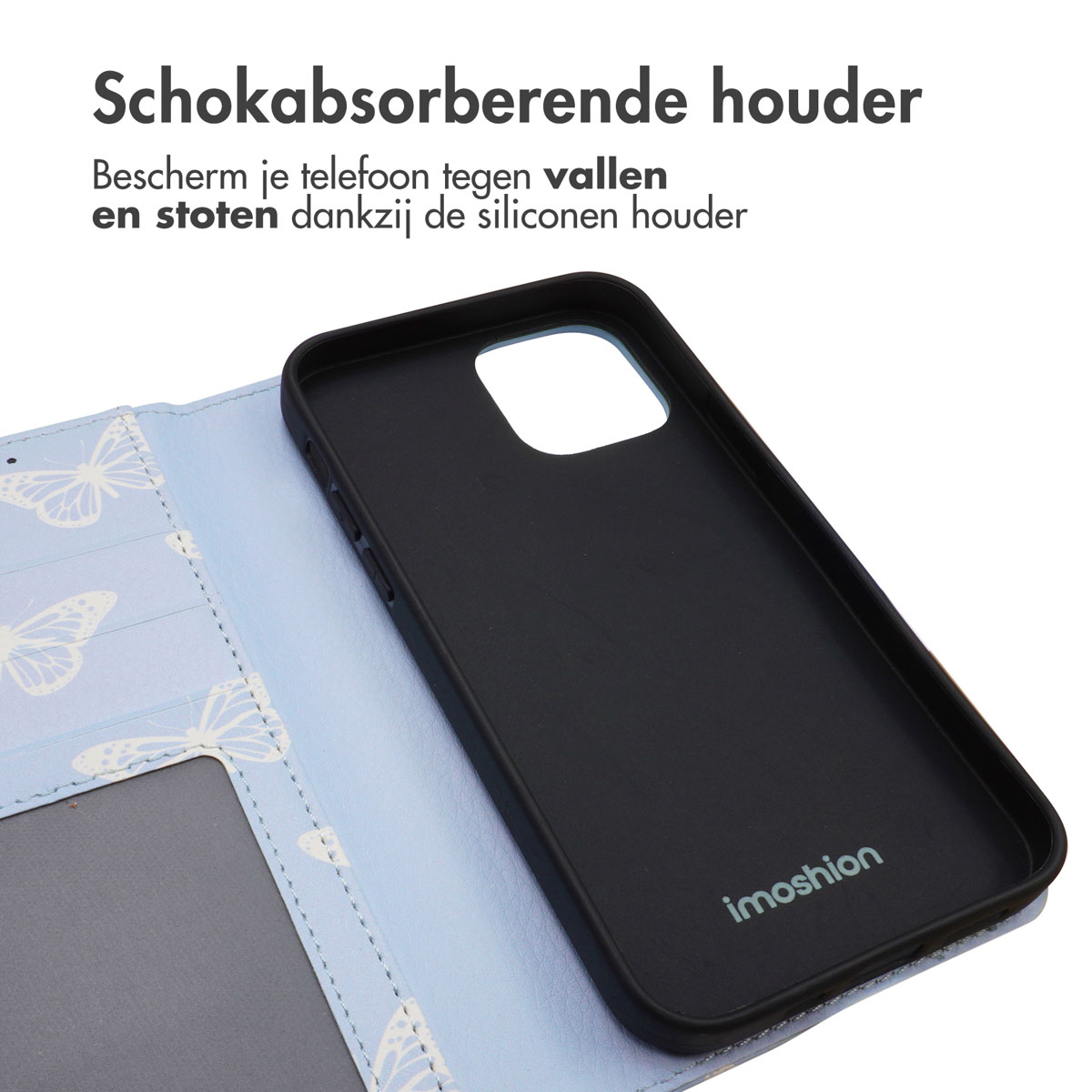 Hellblaue Handyhülle mit weißem Schmetterlingsdesign. Die Innenseite ist schwarz. Die Hülle hat einen schwarzen Halter.