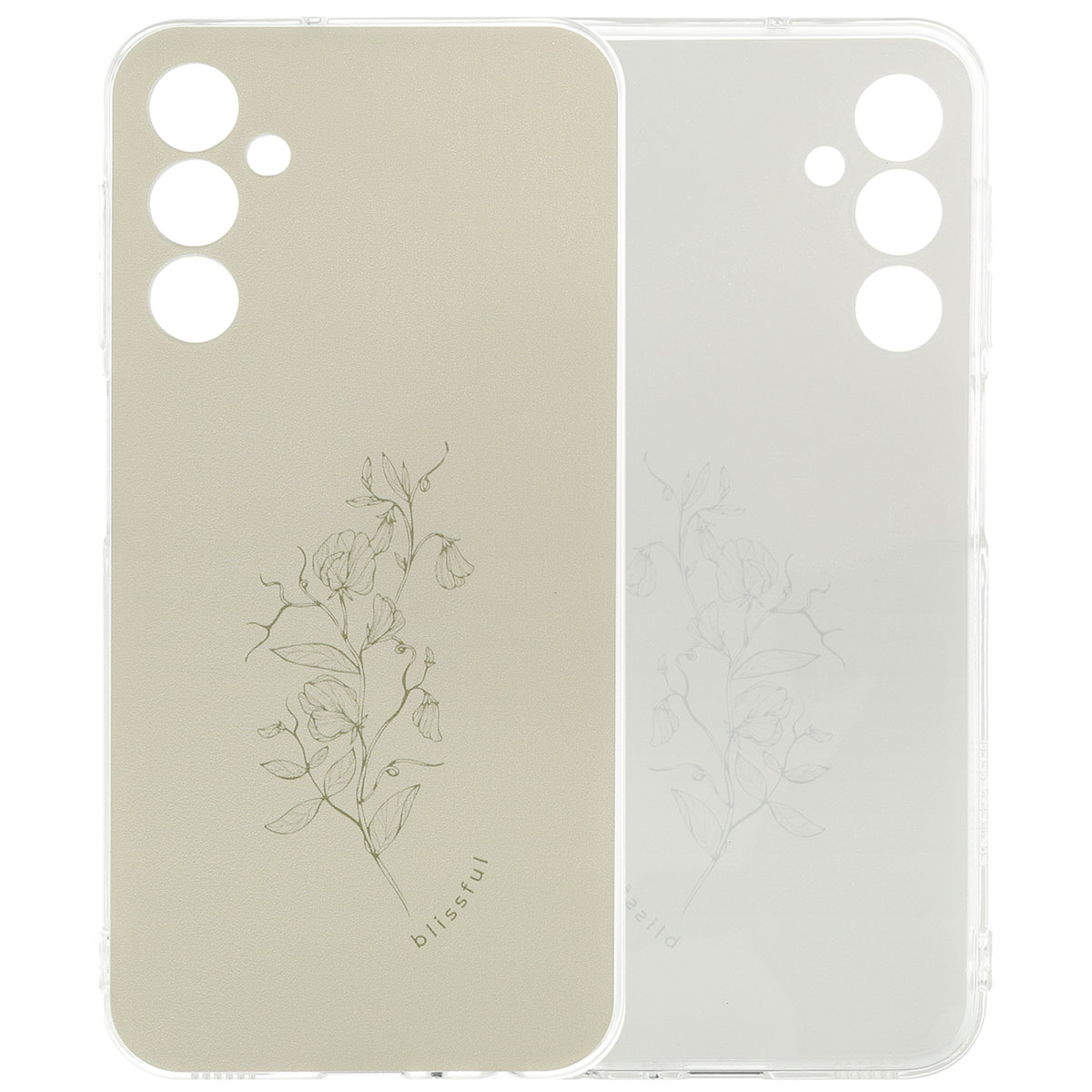 Telefoonhoesje met beige achtergrond en bloemenontwerp. De telefoon is niet zichtbaar.