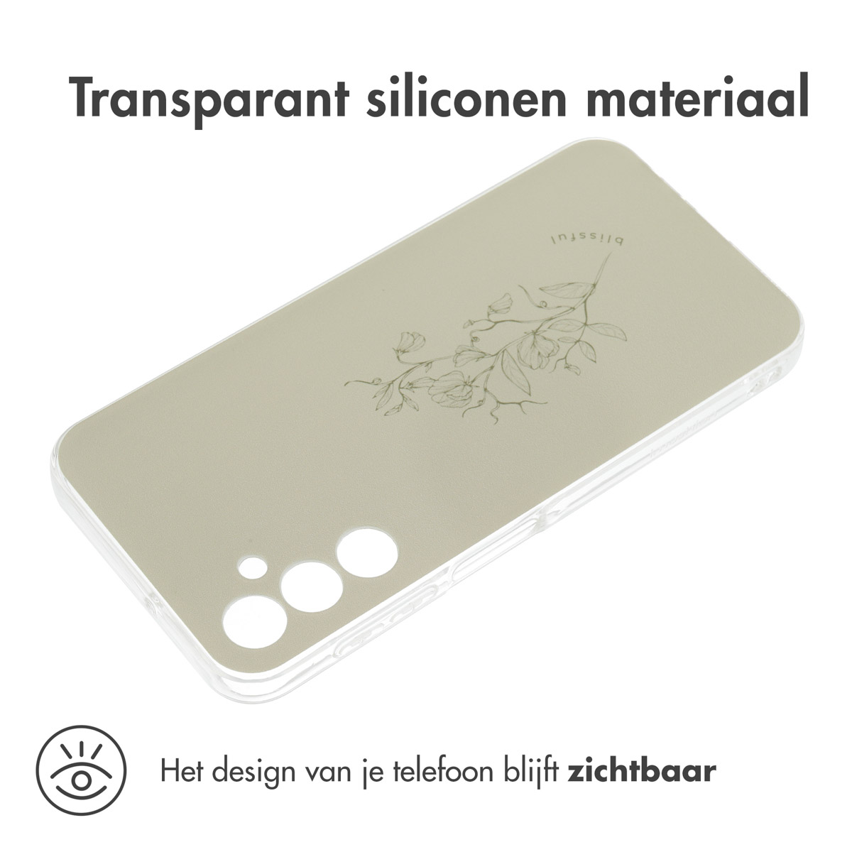 Transparant telefoonhoesje met bloemenpatroon. Tekst: Transparant siliconen materiaal. Witte achtergrond.