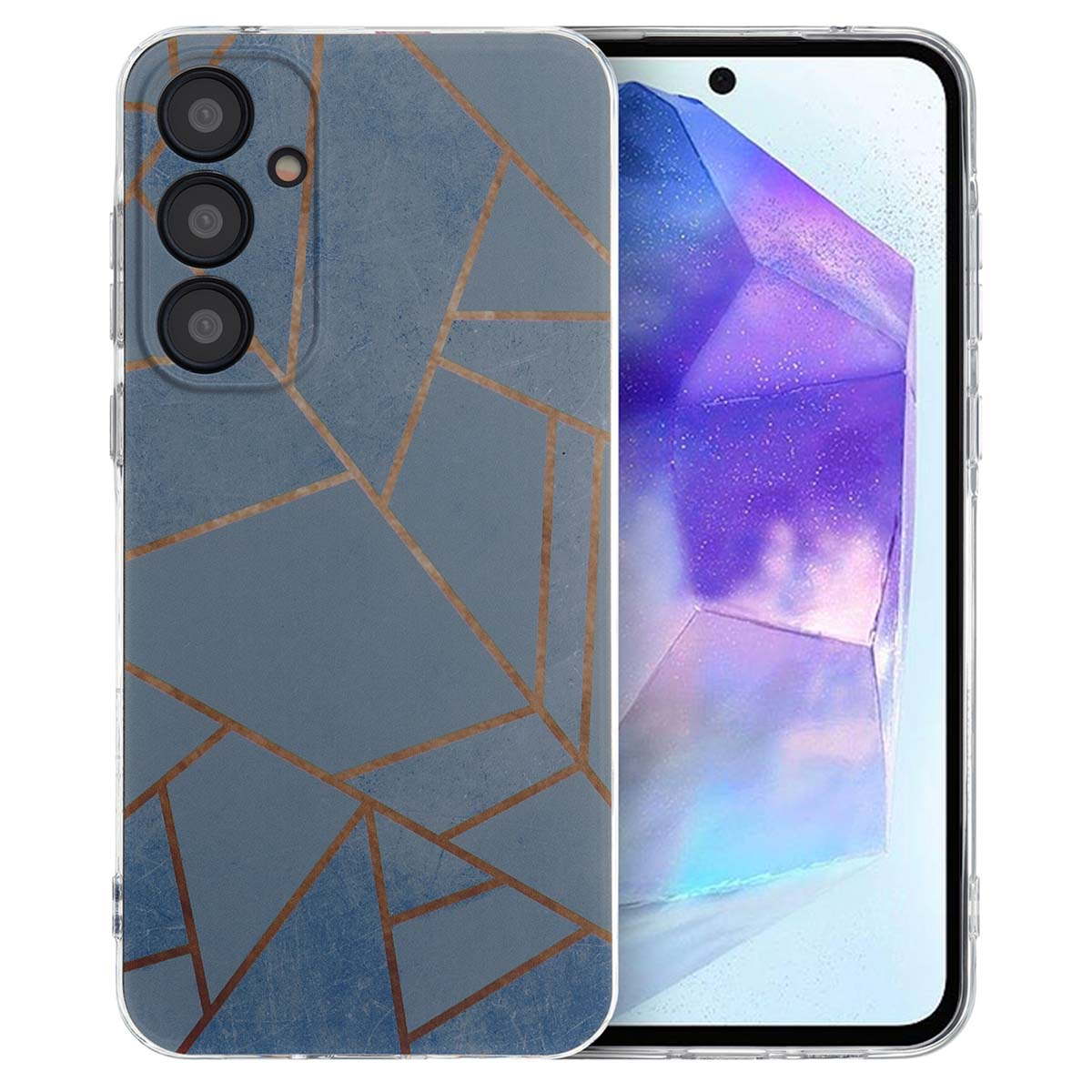 Een telefoon met een blauwgrijze hoes met gouden geometrische lijnen.