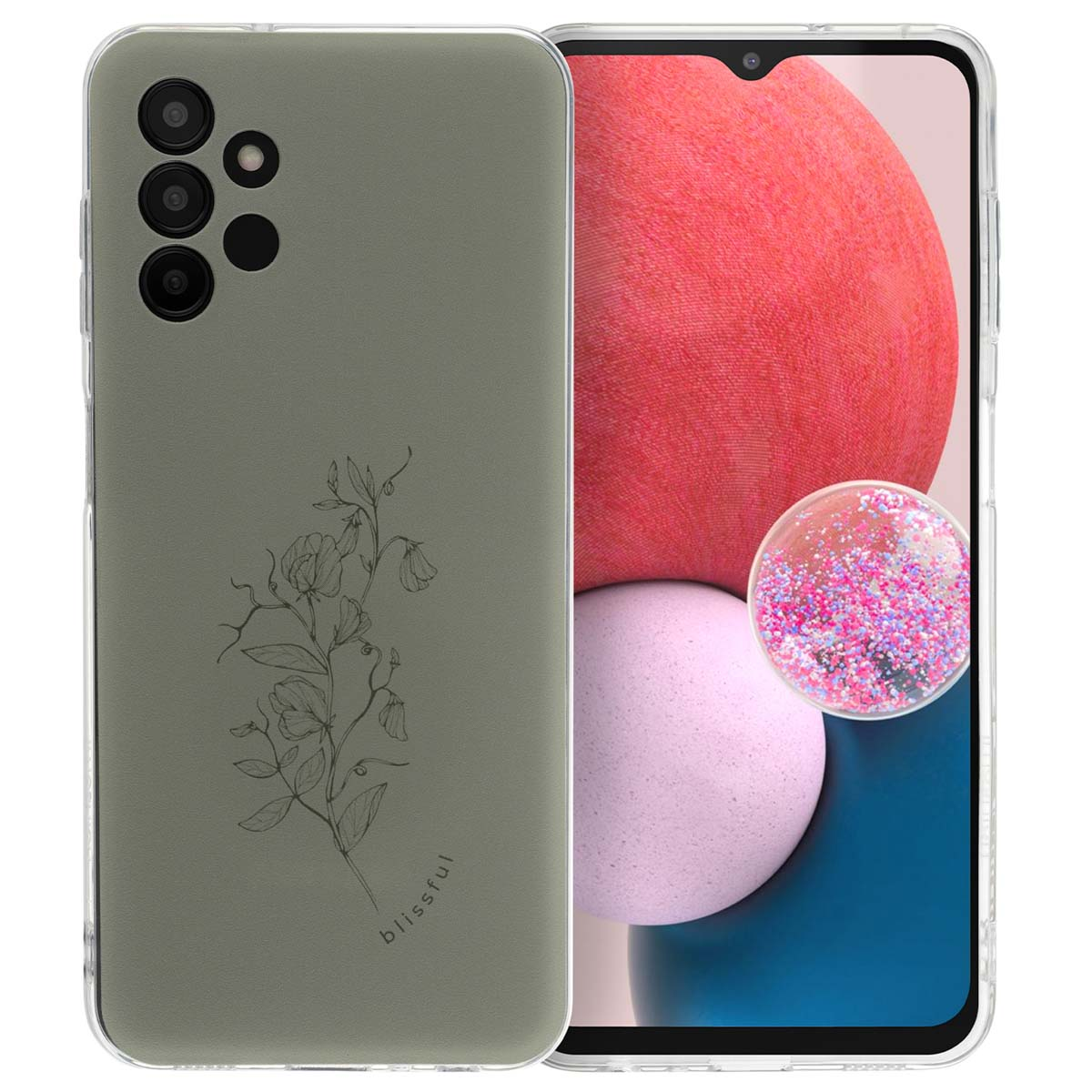 Telefoon in een hoesje met een bloemenontwerp en het woord 'blissful'. Telefoon heeft een roze en blauwe achtergrond.