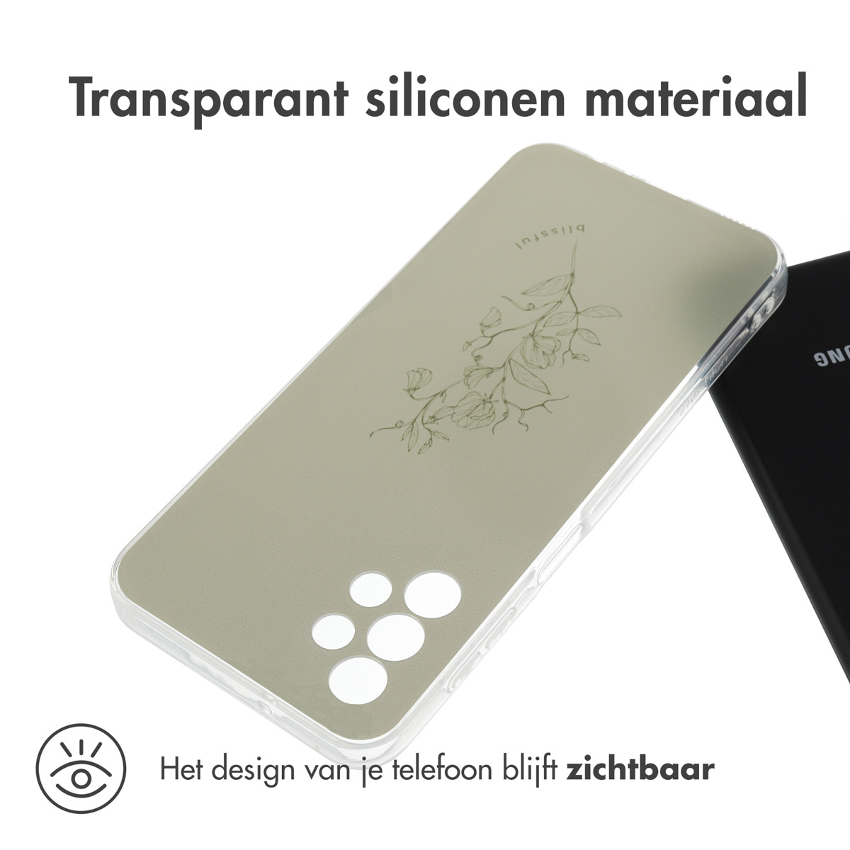 Transparant telefoonhoesje met bloemenontwerp. Telefoonhoesje is transparant. Bloemenontwerp zichtbaar.