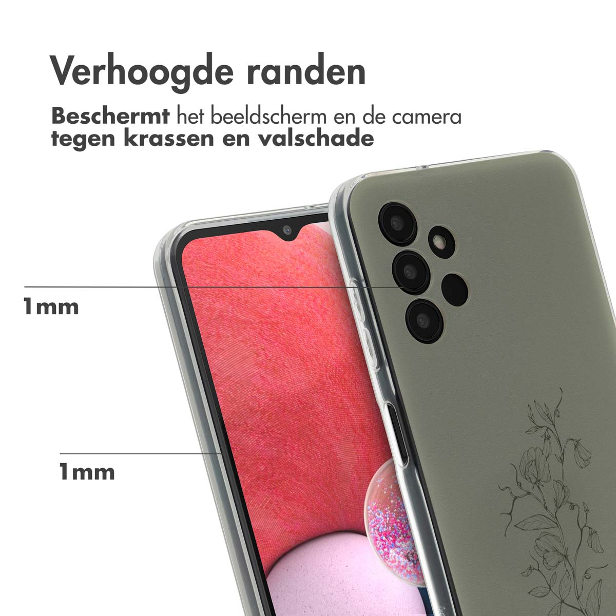 Transparant telefoonhoesje met een bloemen design, met een telefoon.