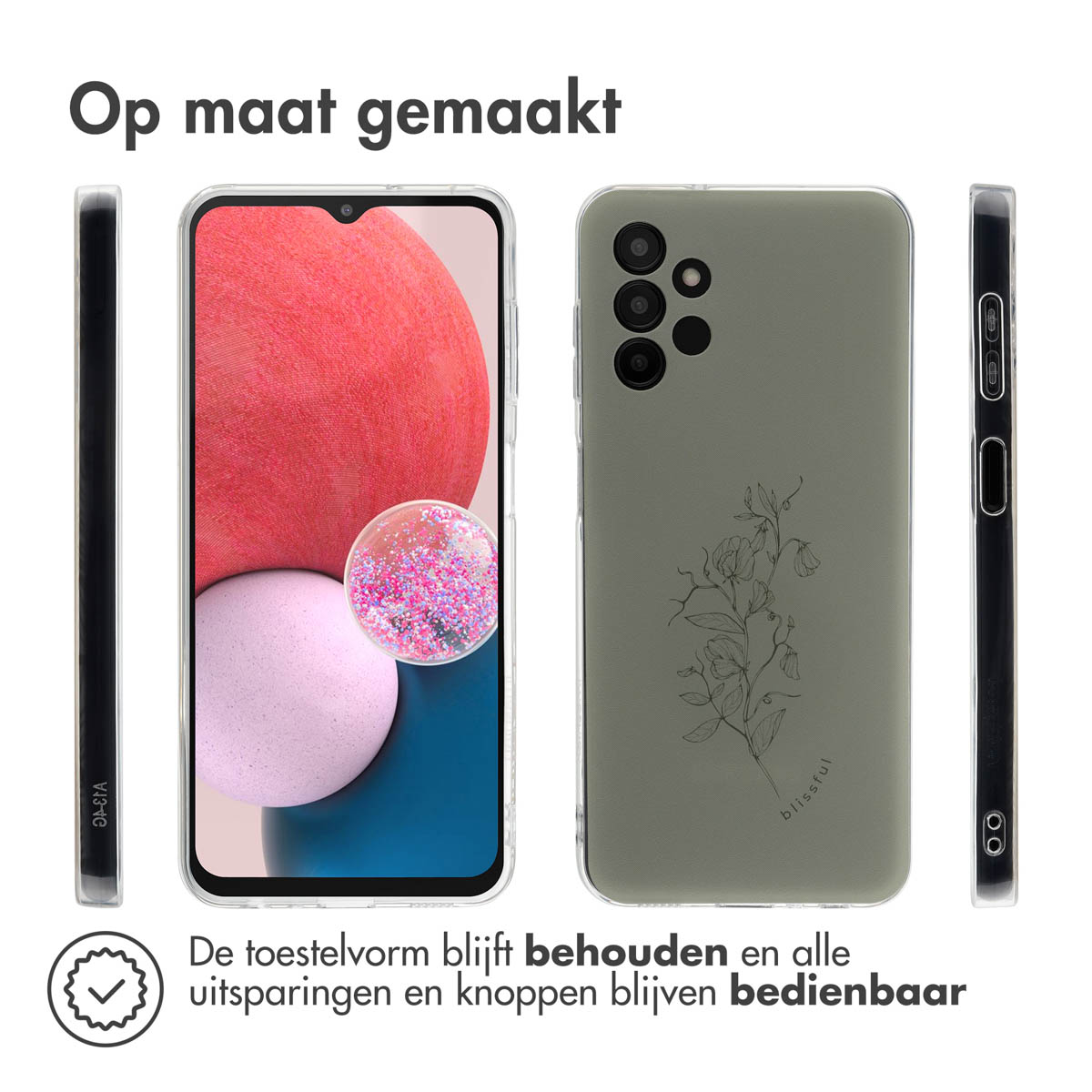 Telefoonhoesje met een roze en paars ontwerp. Een telefoon zit in de hoes. De hoes heeft een bloemenpatroon.