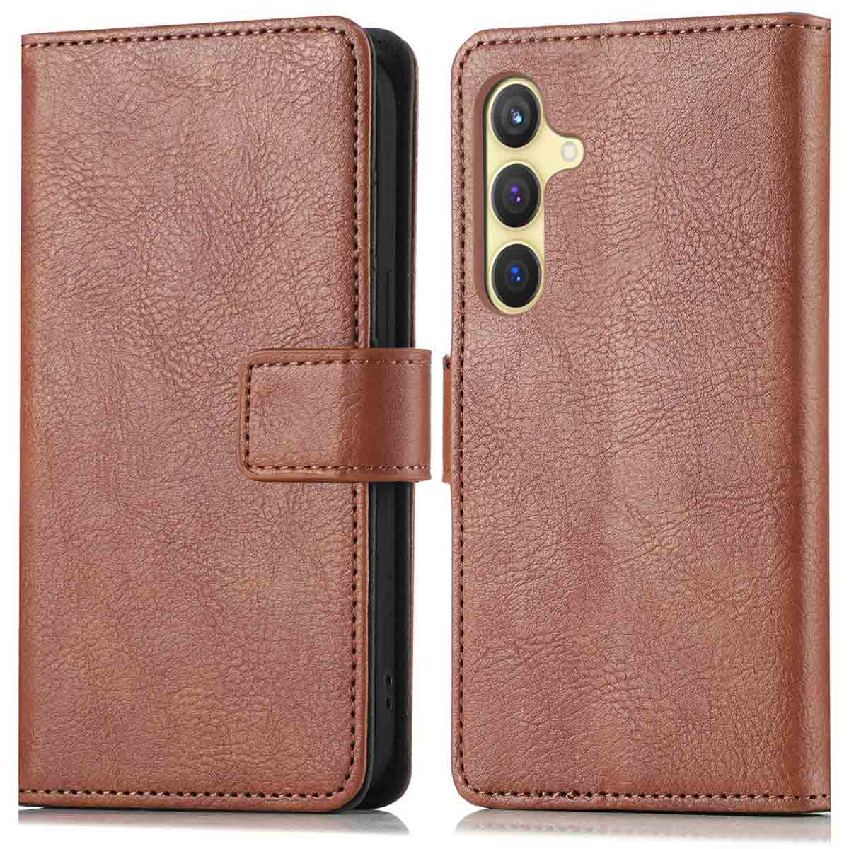 Bruin leren telefoonhoesje, open. Toont de camera-array van de telefoon. De case heeft een magnetische sluiting.