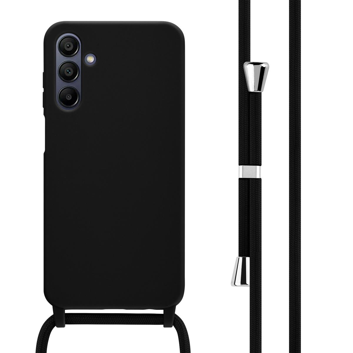 Zwarte telefoonhoes met een zwart koord bevestigd.