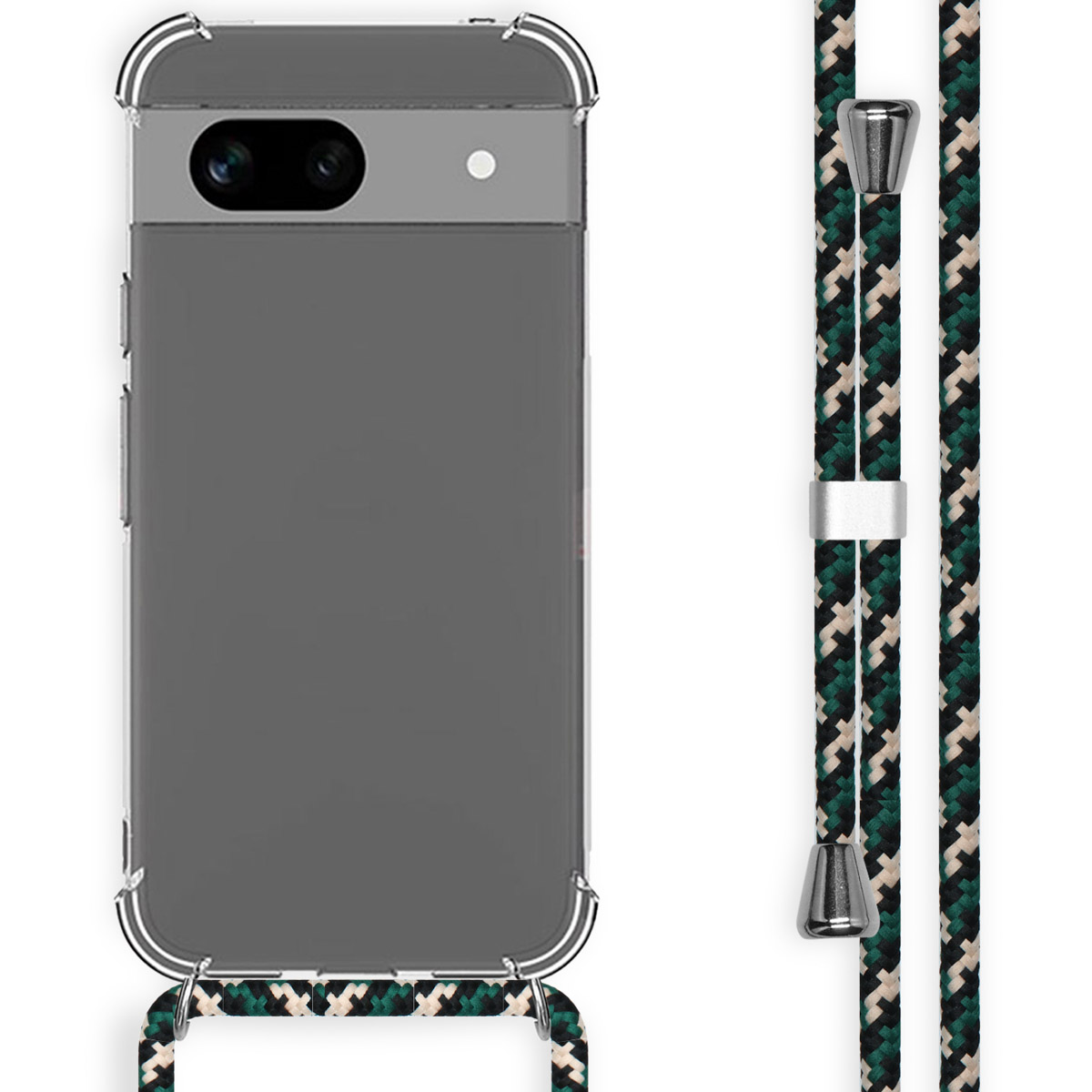 Transparante telefoonhoes met een zwart en groen geweven koord. Een telefoon is ingevoegd. De hoes heeft een transparant frame.