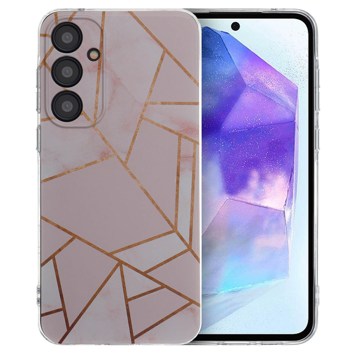 Roze telefoonhoesje met goud geometrisch patroon. Telefoonscherm is zichtbaar. Hoesje is transparant.