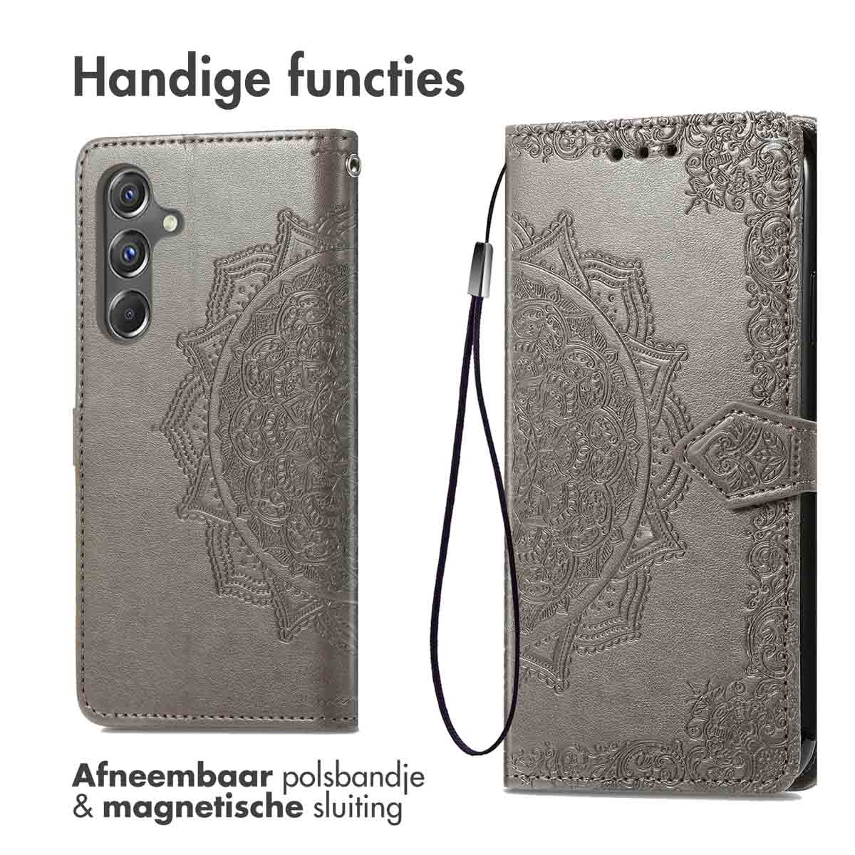 Grijze telefoonhoes met mandala-patroon. Linkerkant toont telefoon erin, rechts toont de open hoes. Tekst: Handige functies.