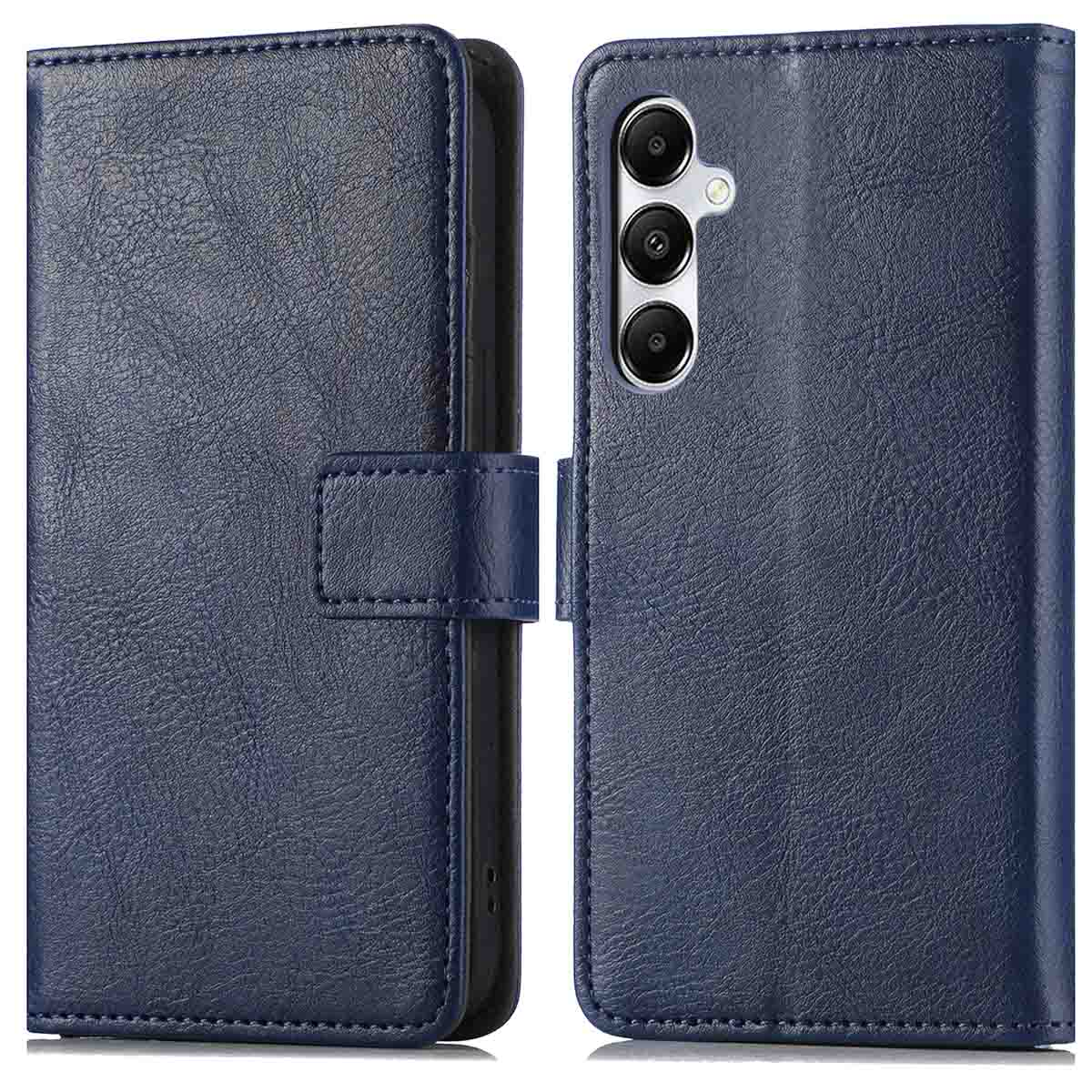 Twee telefoonhoesjes, één toont de binnenkant, met een blauwe leertextuur. De andere is gesloten.