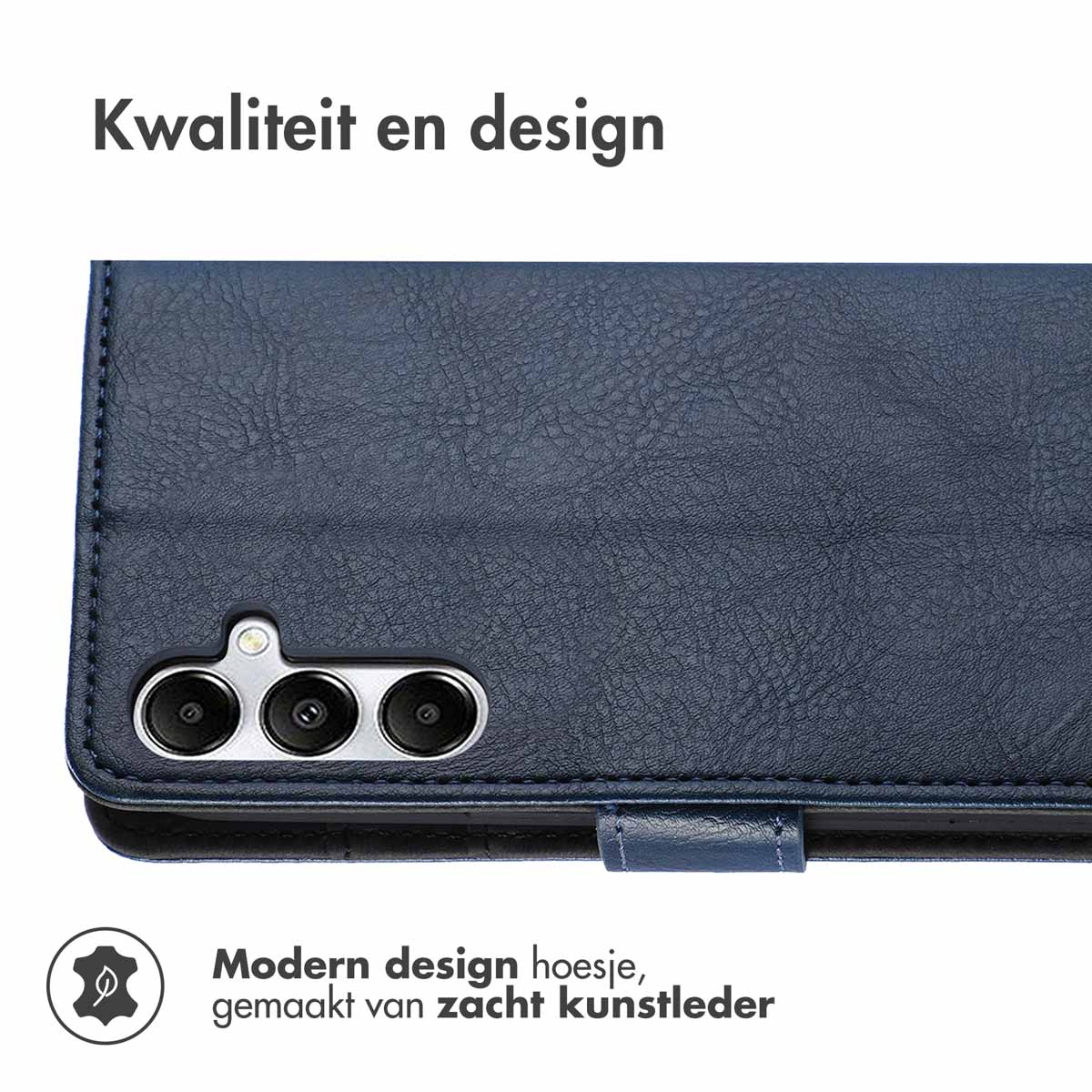 Close-up van een donkerblauwe telefoonportemonneehoes. De telefooncamera is zichtbaar.