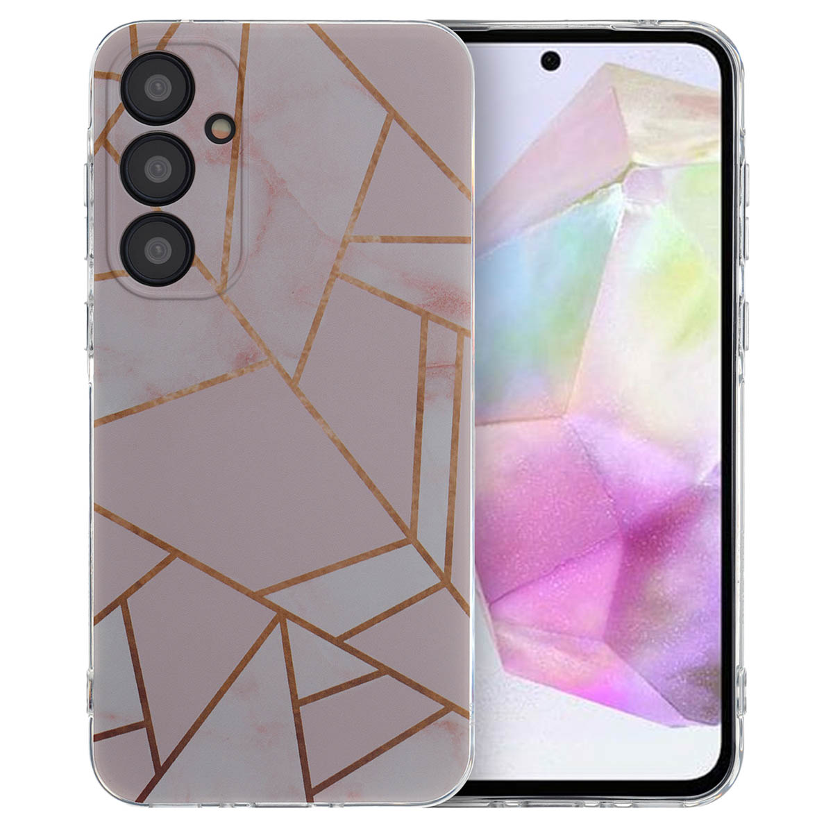 Telefoonhoes met een roze en goud geometrisch patroon.