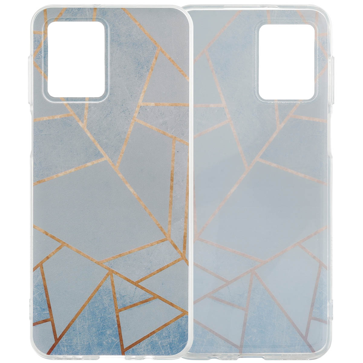 Twee telefoonhoesjes met een blauw en goud geometrisch ontwerp. De tekst stelt dat het ontwerp hetzelfde blijft.