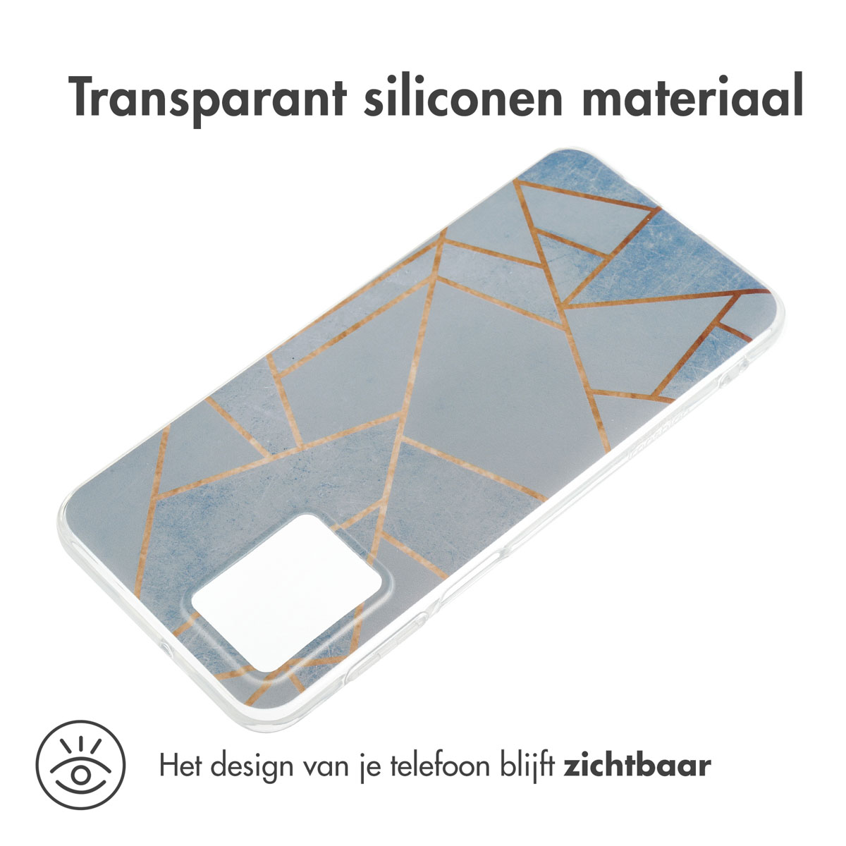 Transparant telefoonhoesje met geometrisch design. Tekst: Transparant siliconen materiaal. Blauwe achtergrond.
