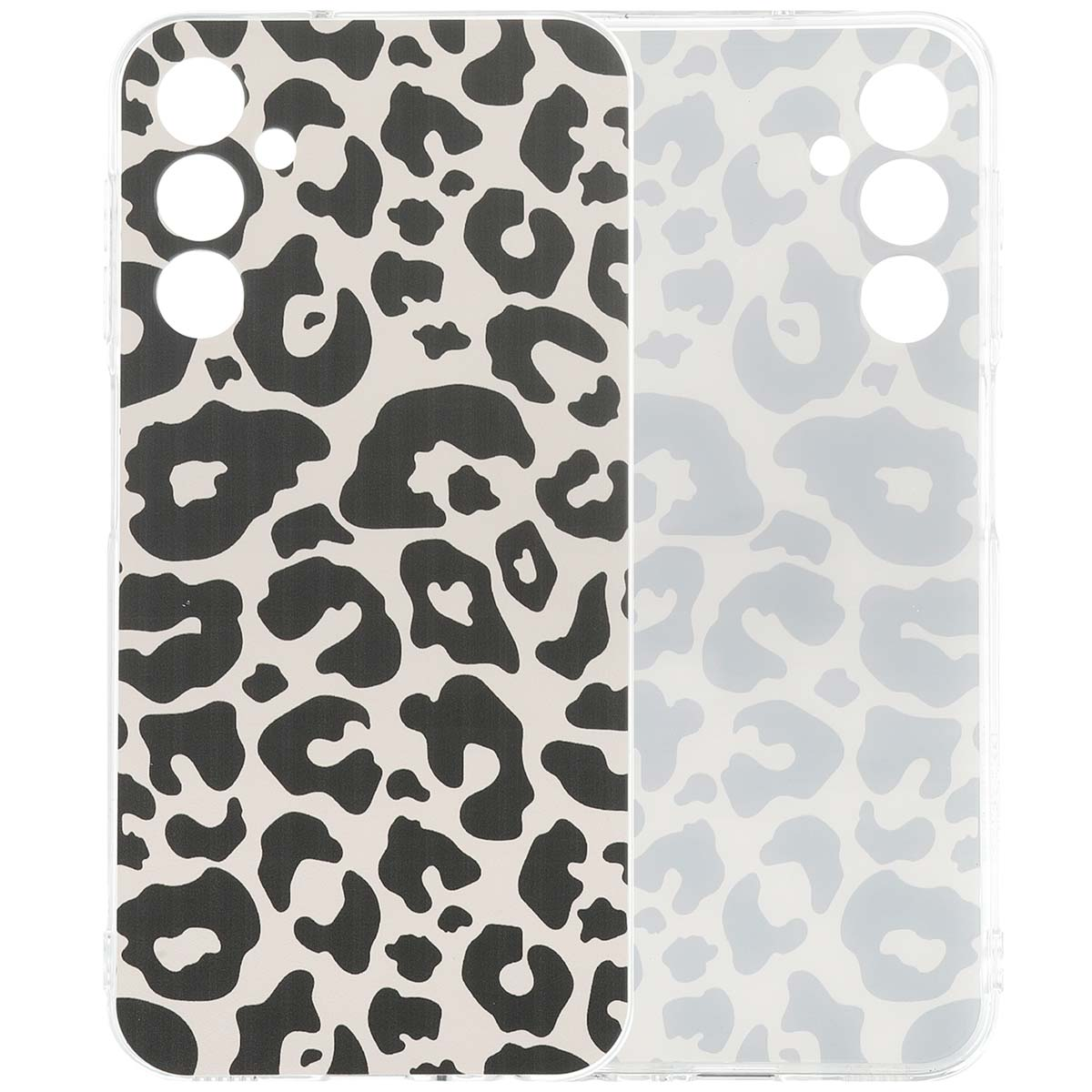 Coque de téléphone avec imprimé léopard noir et blanc. Le téléphone est dedans.