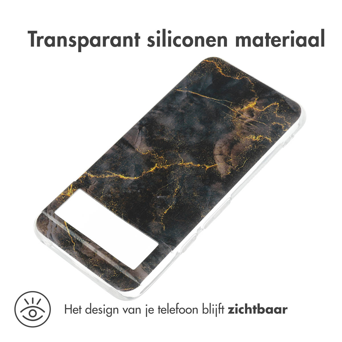 Schwarze und goldene Handyhülle. Die Hülle liegt auf einer weißen Oberfläche. Das Design des Telefons ist sichtbar.