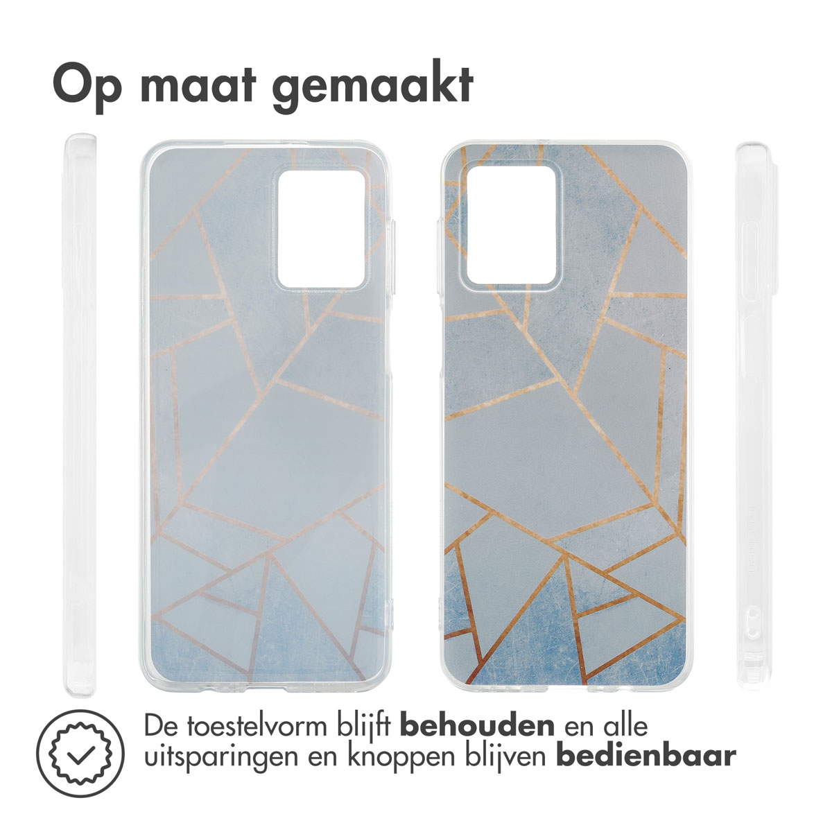 Telefoonhoesje met abstract geometrisch ontwerp. Telefoon van drie kanten getoond. Transparante hoes.
