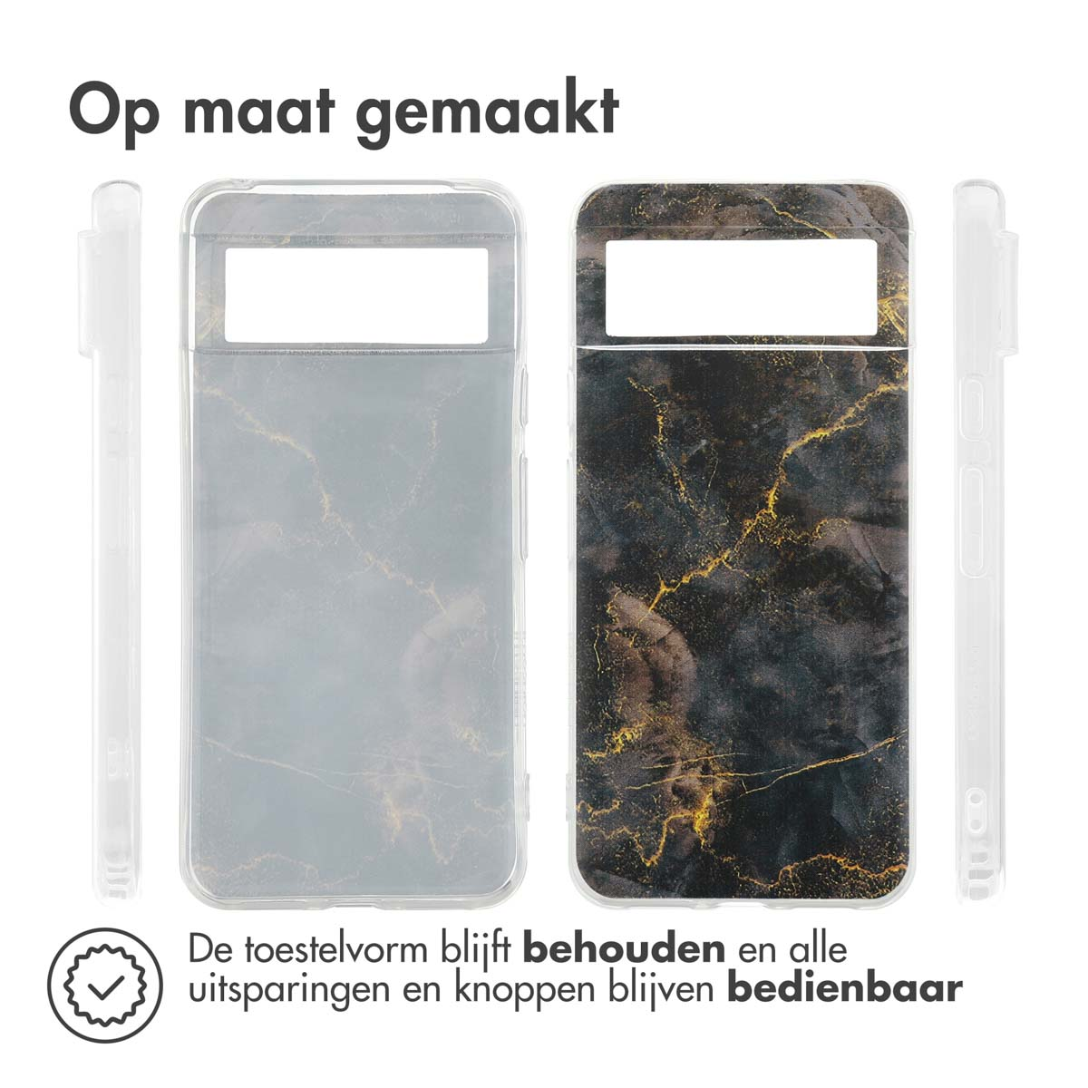 Transparente Handyhülle mit schwarzem und goldenem Marmormuster.
