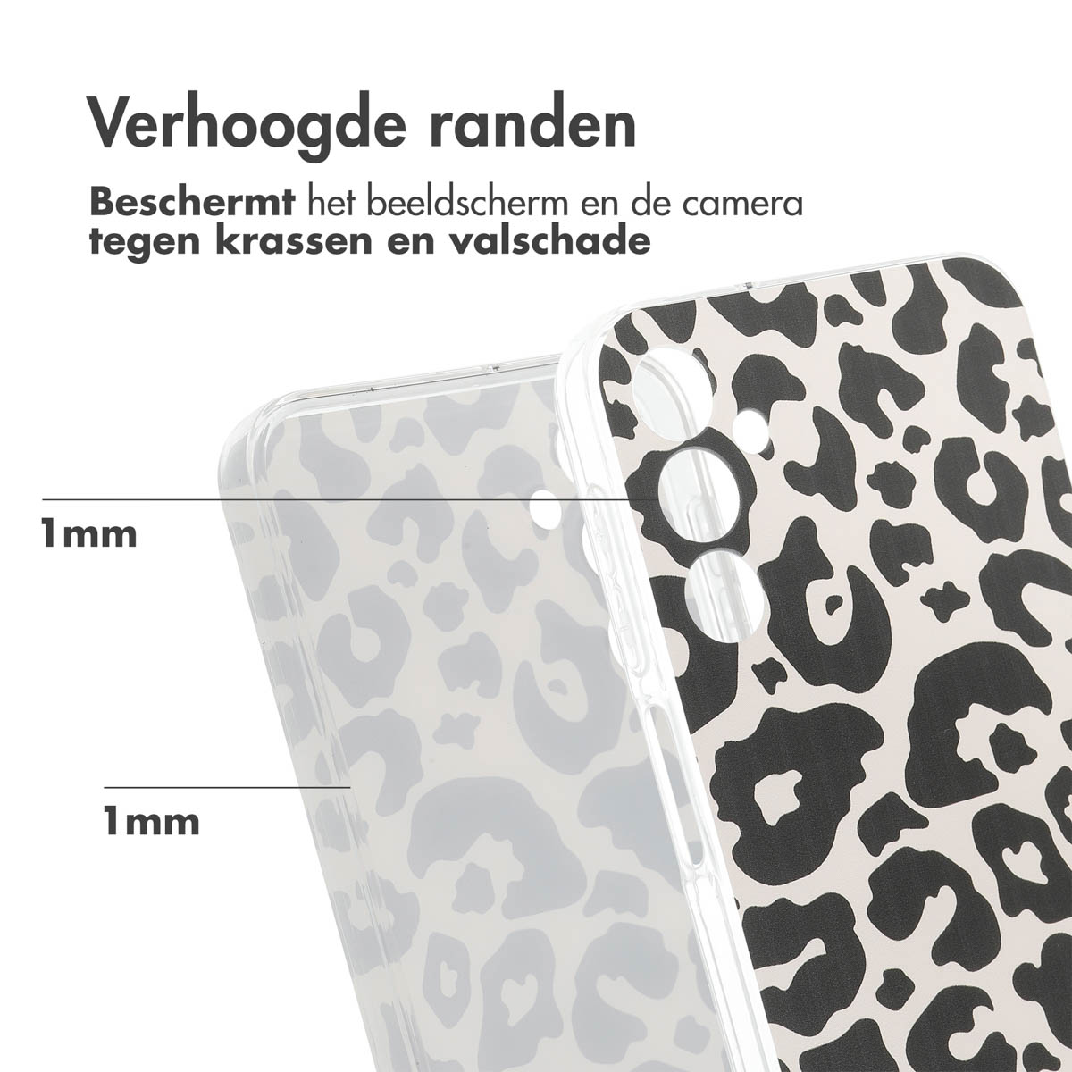 Coque de téléphone transparente avec un motif léopard. Les bords surélevés protègent l'écran et la caméra.