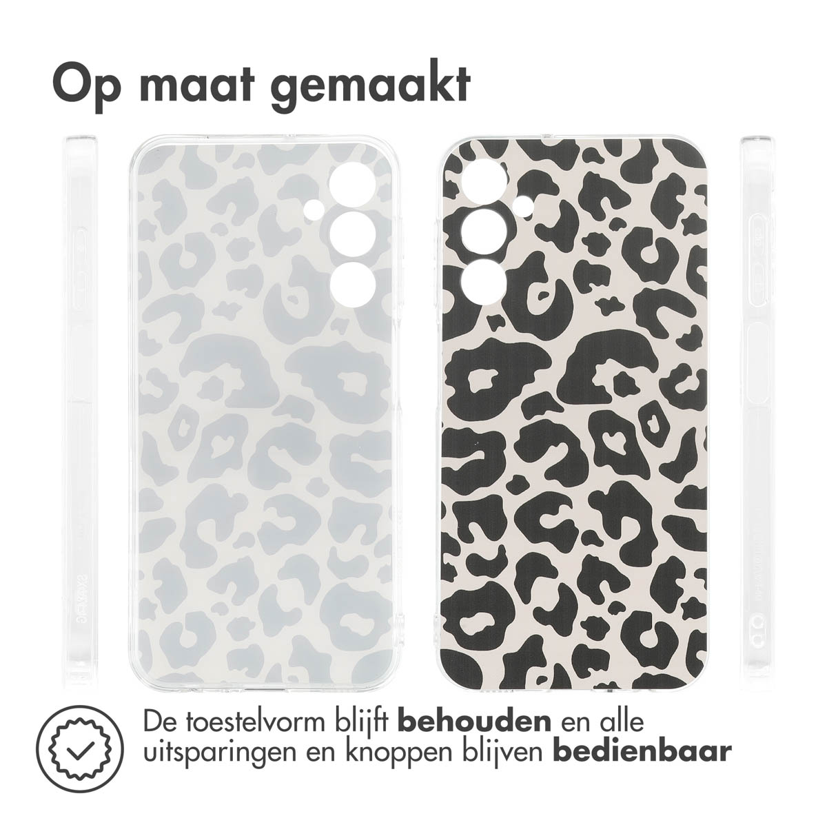 Coque de téléphone avec un imprimé léopard noir et gris. Trois vues.