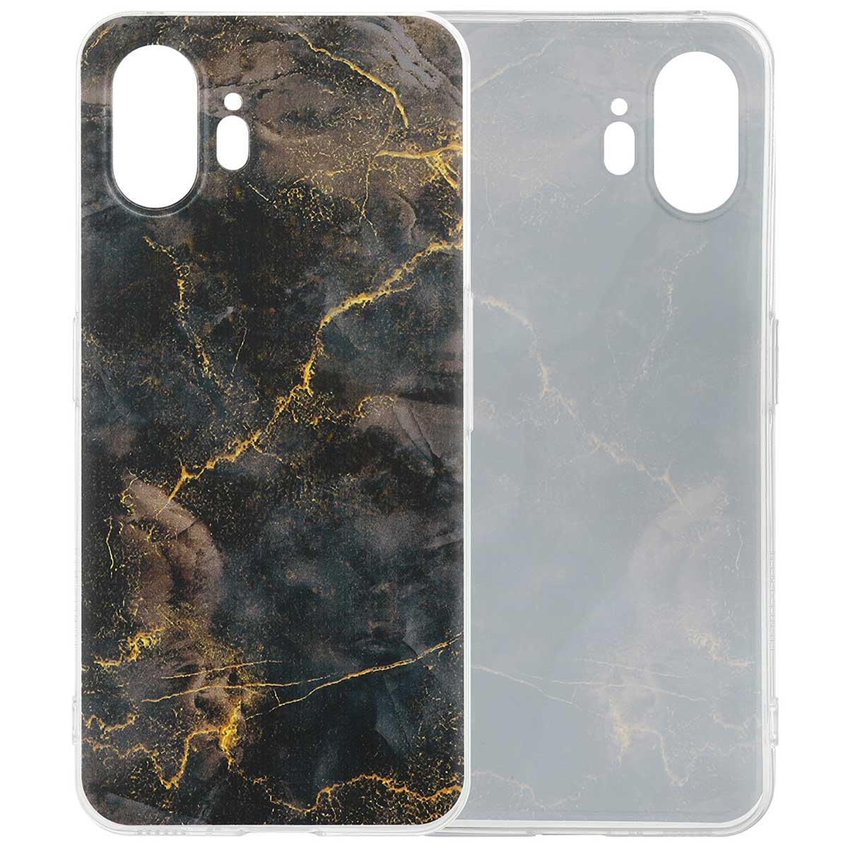 Een telefoonhoesje met een zwart en goud marmerontwerp. De telefoon zit in de hoes. De hoes heeft openingen voor de telefoon.