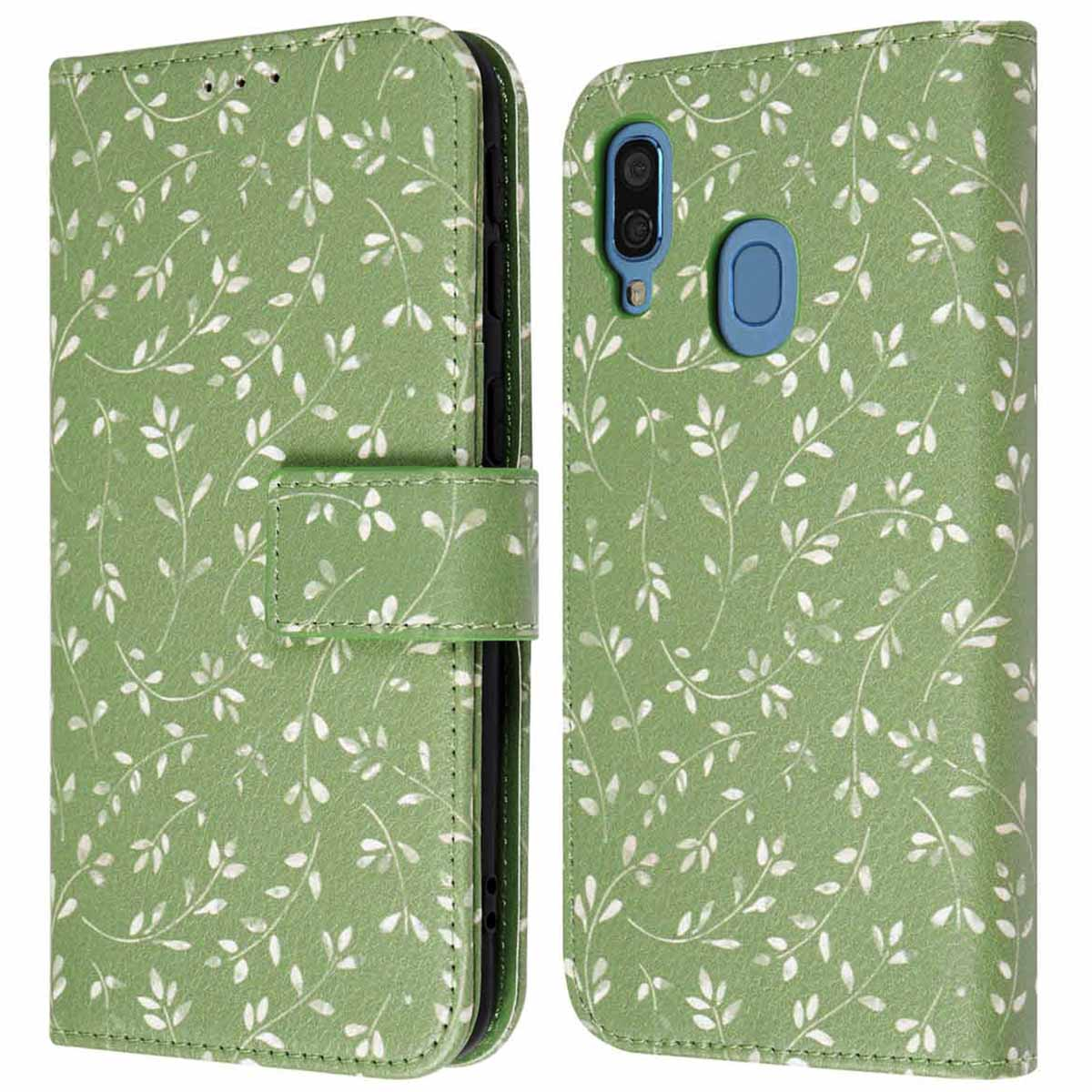 Groene telefoonhoes met wit bladerenpatroon. Twee delen van telefoonhoes getoond. Witte achtergrond.