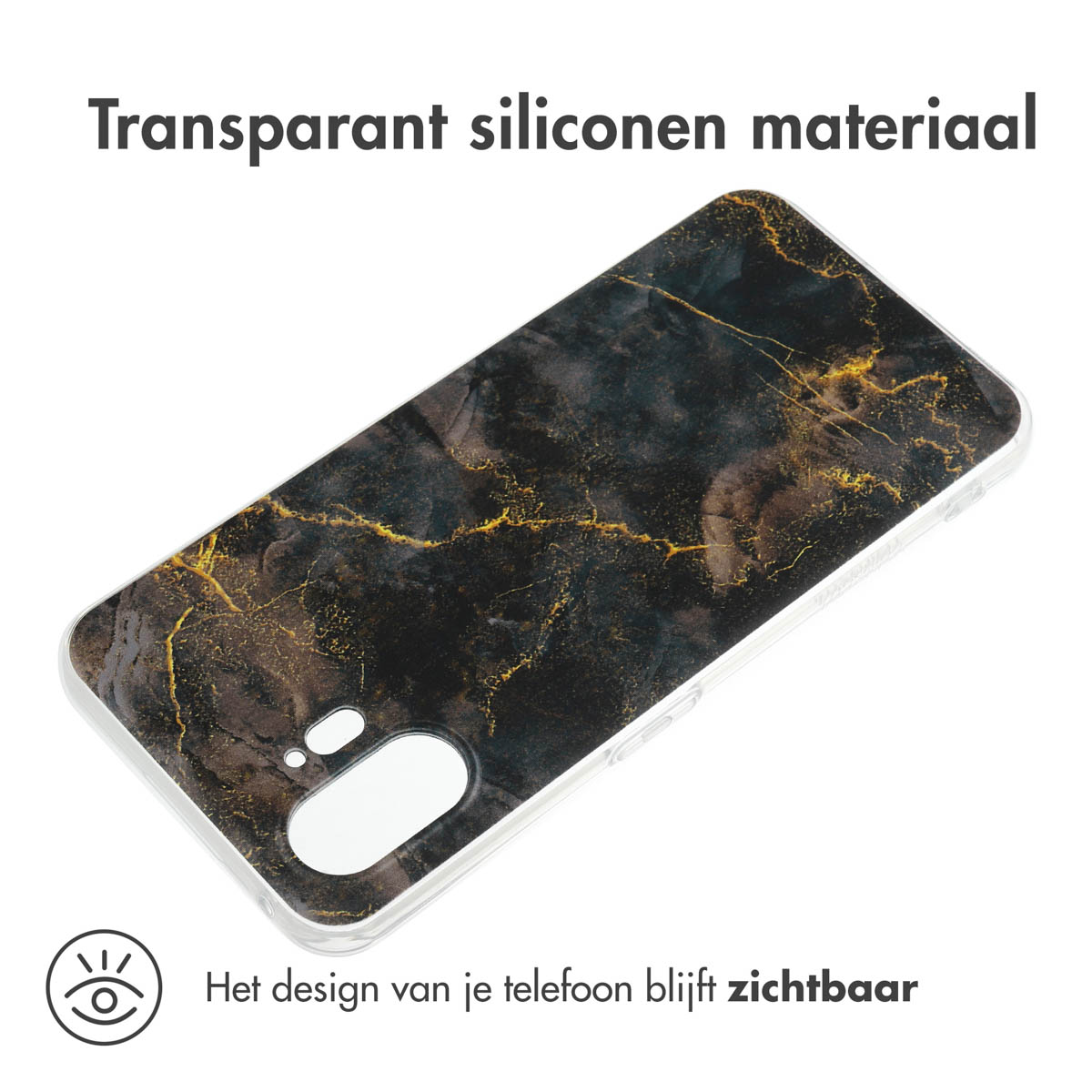 Transparant telefoonhoesje met zwart en goud marmer design. Transparante hoes met marmer effect.