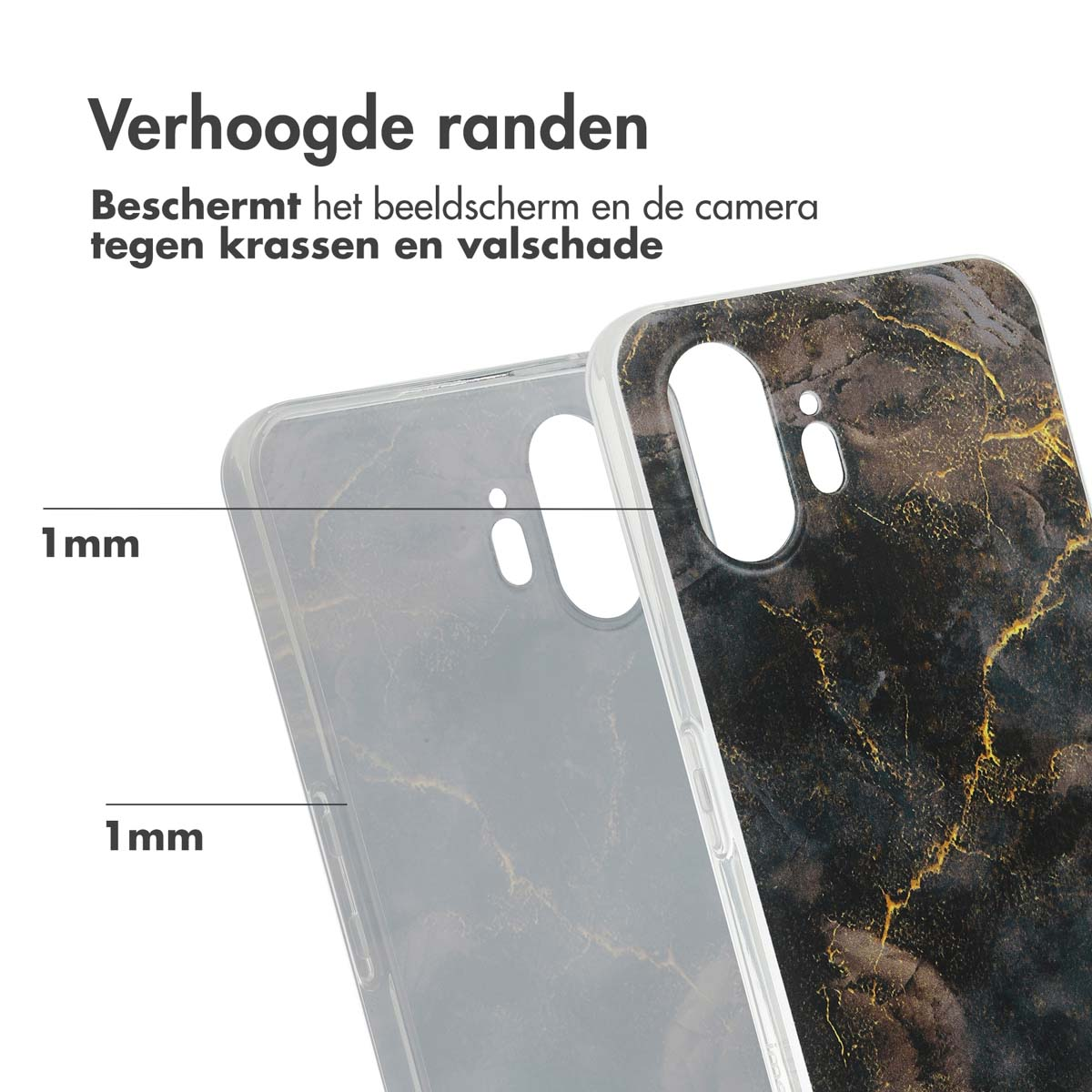 Telefoonhoesje met marmerontwerp. Telefoon heeft beschermende verhoogde randen. Transparante hoes.