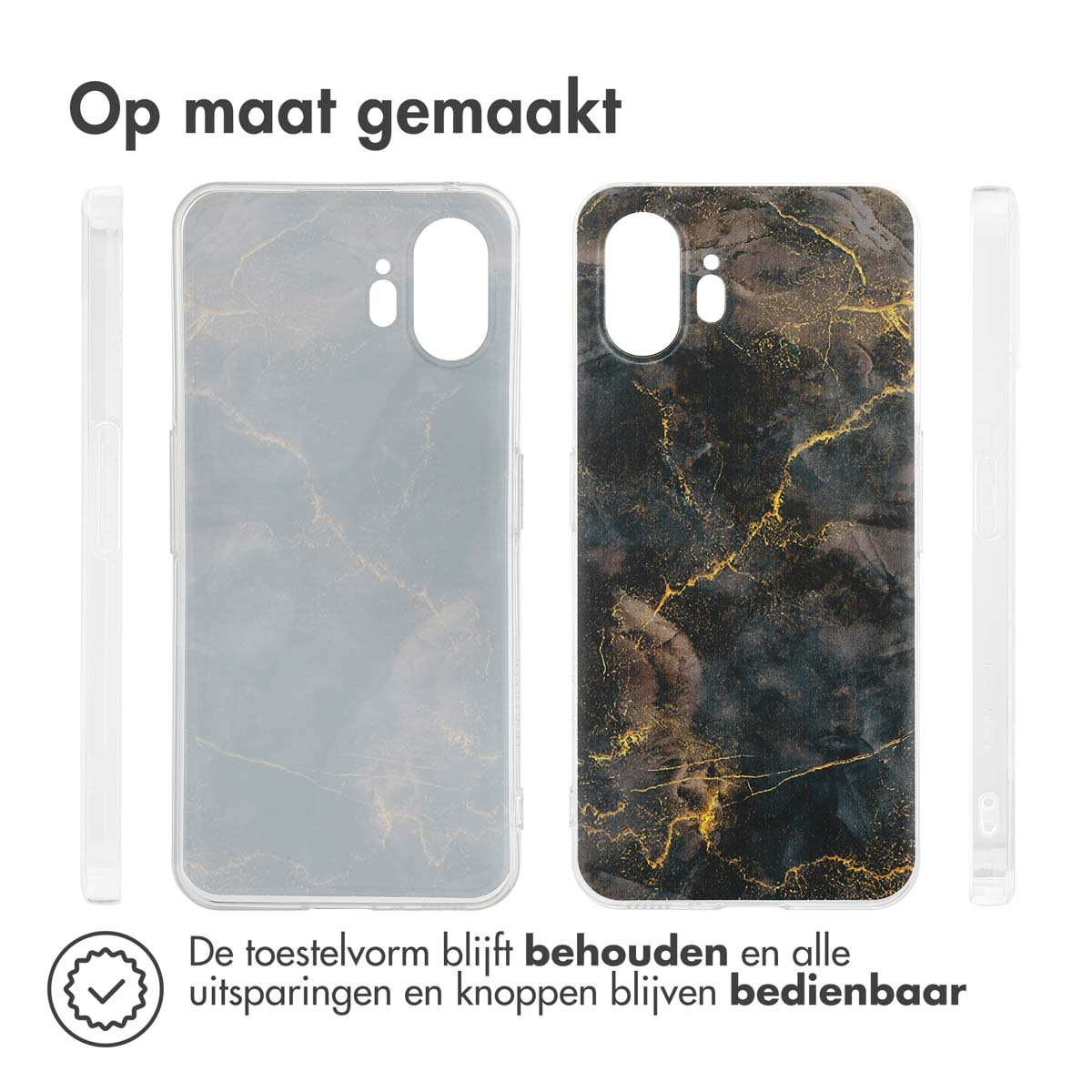 Telefoon met marmerdesign hoes, zijaanzicht. Hoes bedekt de telefoon en heeft uitsparingen voor de camera.