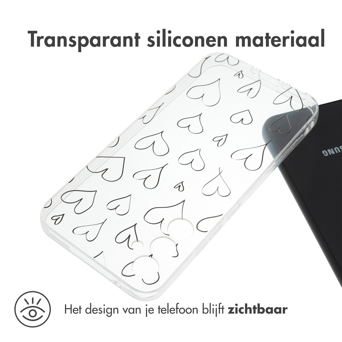 Coque de téléphone transparente avec des contours de cœur. Téléphone à droite. Texte : Matériau silicone transparent.