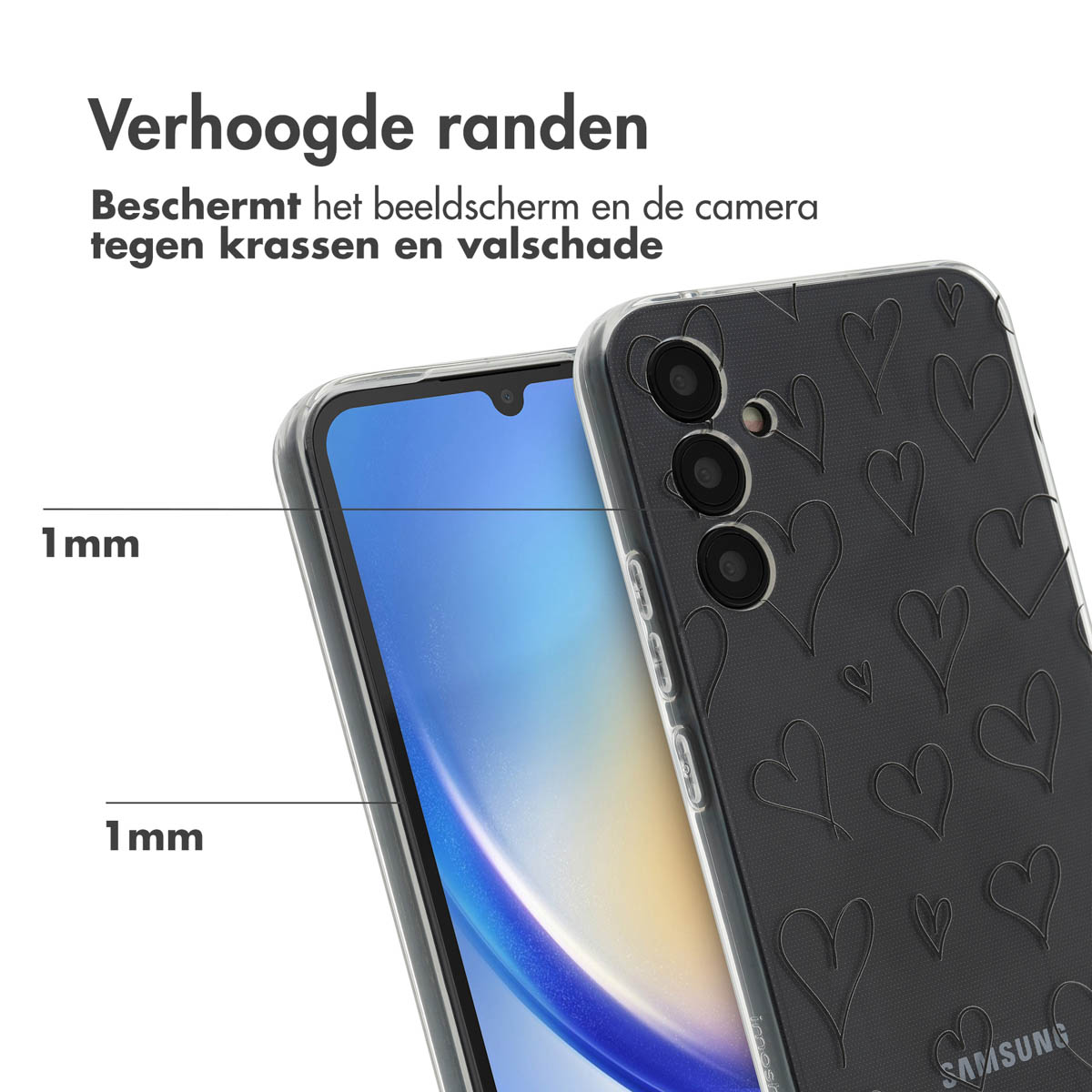 Un téléphone et une coque transparente avec un motif de cœur noir. Le texte dit 'Verhoogde randen'. Les bords surélevés sont visibles.