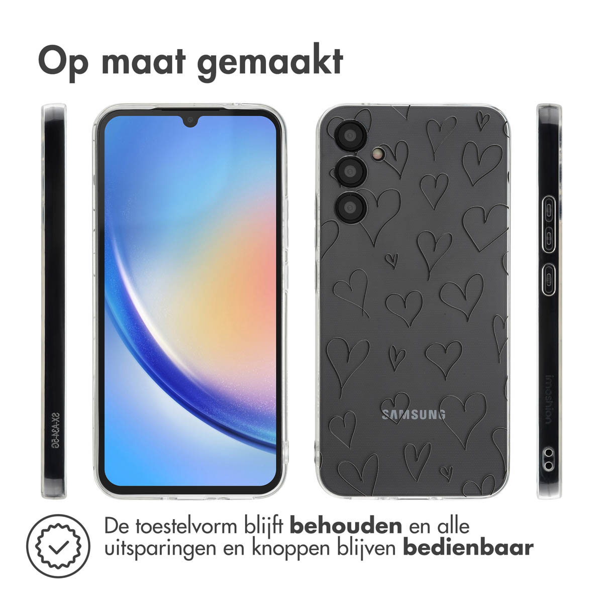 Coque avec motif de cœurs noirs. Le téléphone est à l'intérieur. Toutes les découpes accessibles.