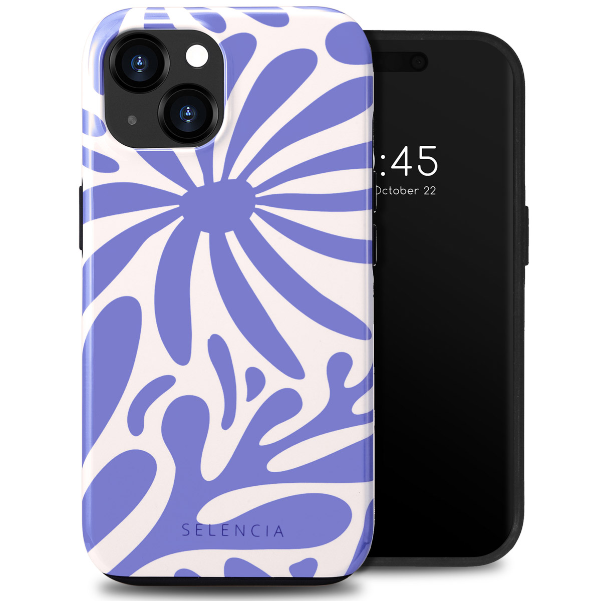 Téléphone dans un étui avec un motif floral bleu. Le téléphone affiche l'heure. Motif blanc et bleu.