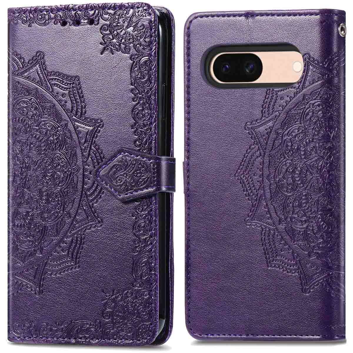 Een paars telefoonhoesje, open, met een decoratief bloemenpatroon. De telefoon zit erin.
