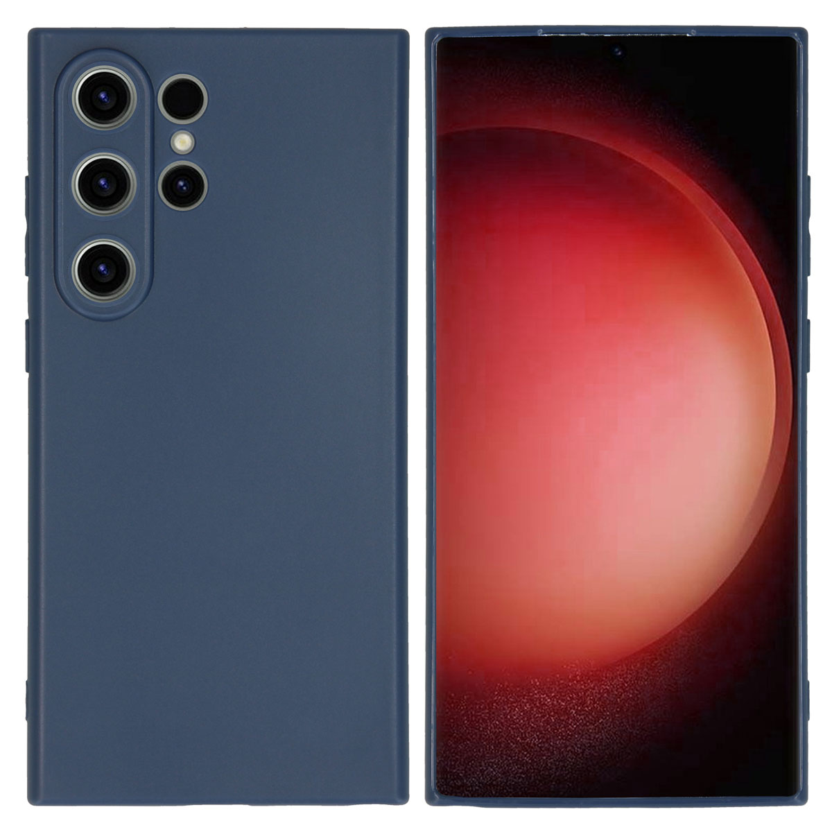 Twee telefoons. Een blauwe hoes met camera's en een met een rood scherm.