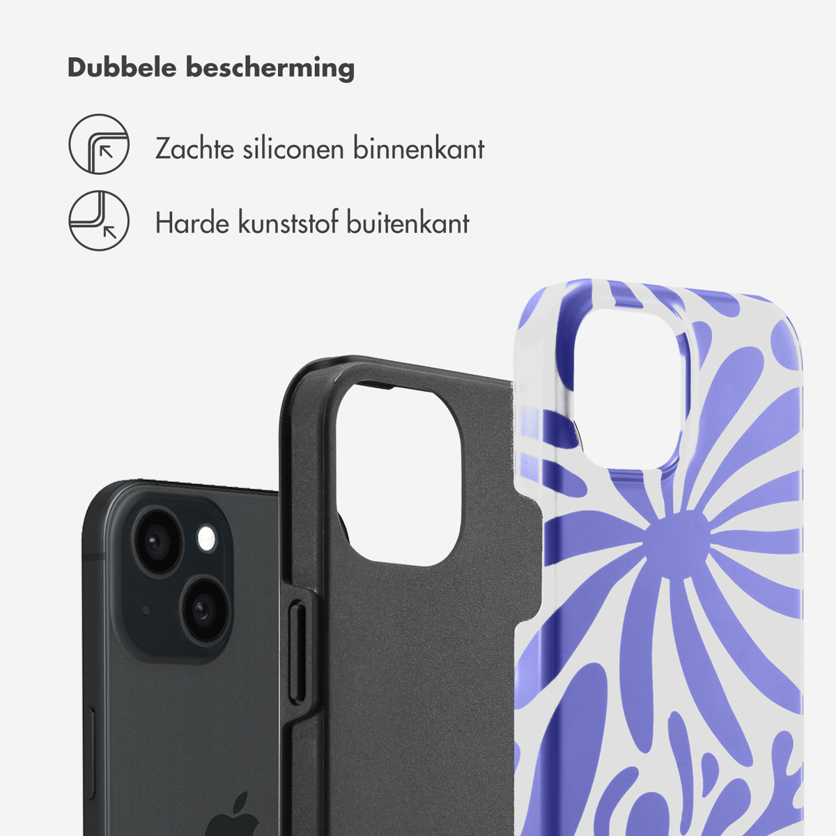 Coque de téléphone noire avec motif floral violet. Intérieur en silicone souple et extérieur en plastique dur.