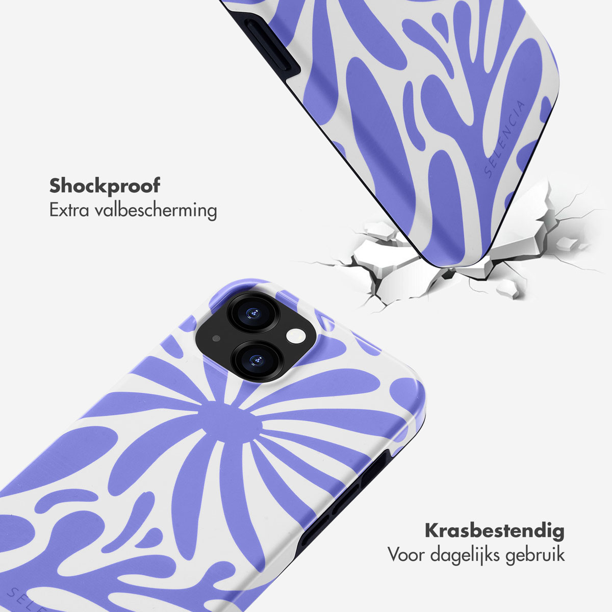 Coques de téléphone avec un design violet et blanc, posées sur un sol blanc. La coque est en l'air et brise le sol.