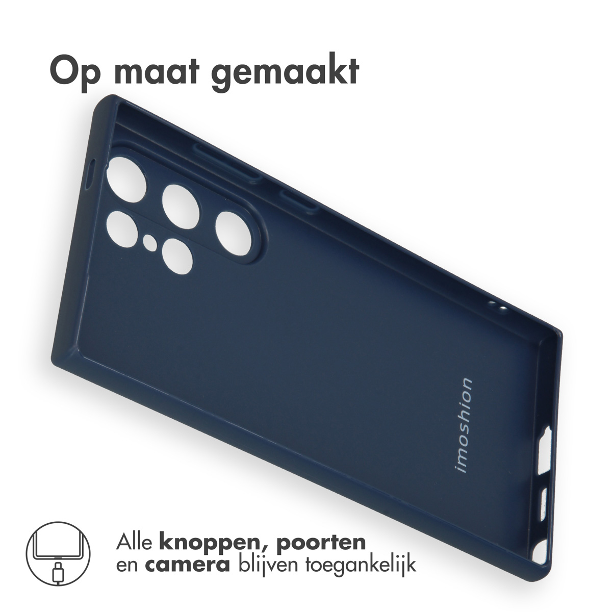 Marineblauwe telefoonhoes met een bijpassend interieur.