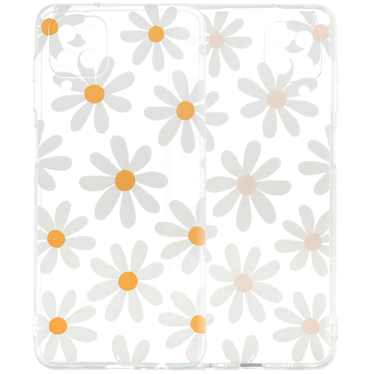 Transparante telefoonhoesjes met madeliefjespatroon. Witte achtergrond. Oranje centrum van madeliefjes.