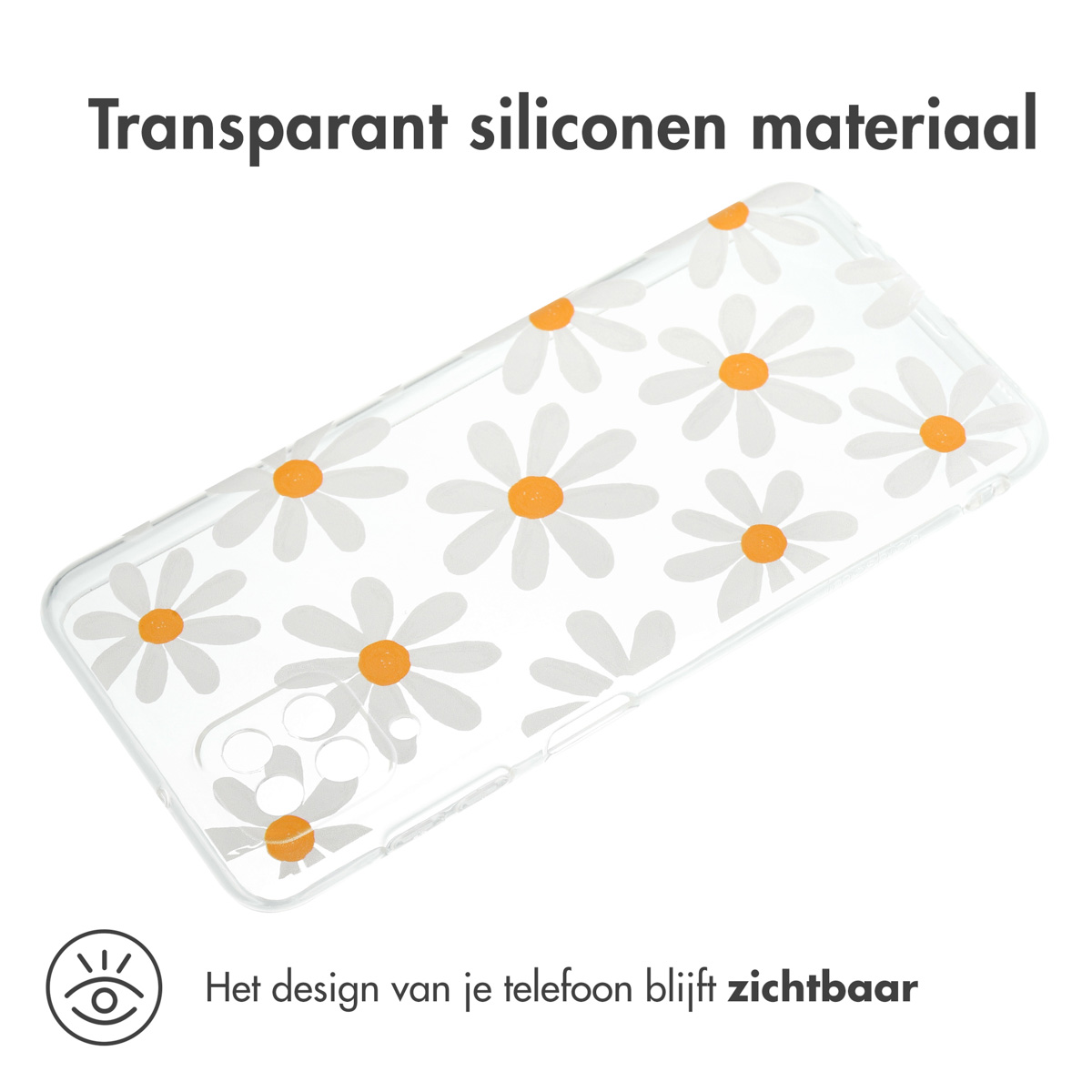 Transparante telefoonhoes met witte madeliefjes op een heldere achtergrond.