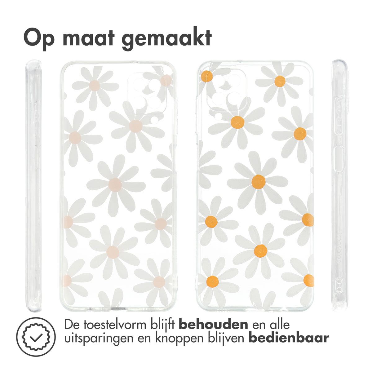 Transparant telefoonhoesje met witte madeliefjes. De telefoon zit erin.