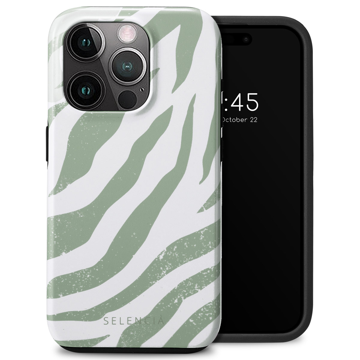 Coque de téléphone à rayures zébrées vertes sur blanc. Un téléphone à droite avec écran noir et heure.
