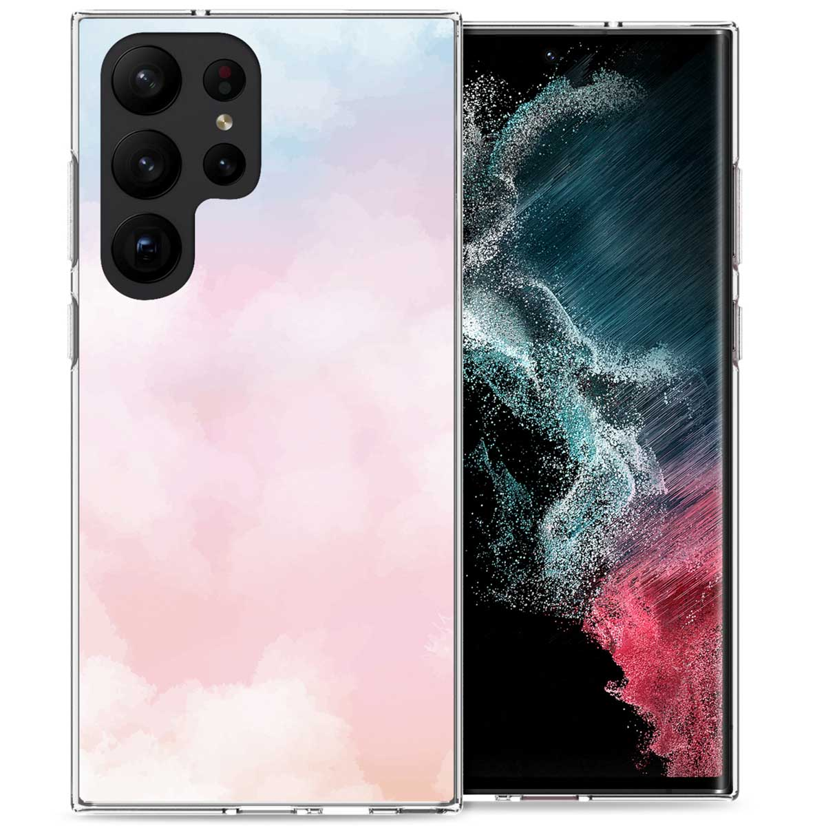 Handyhülle mit rosa-blauem Wolkendesign. Das Telefon befindet sich in der Hülle. Der Hintergrund ist weiß.
