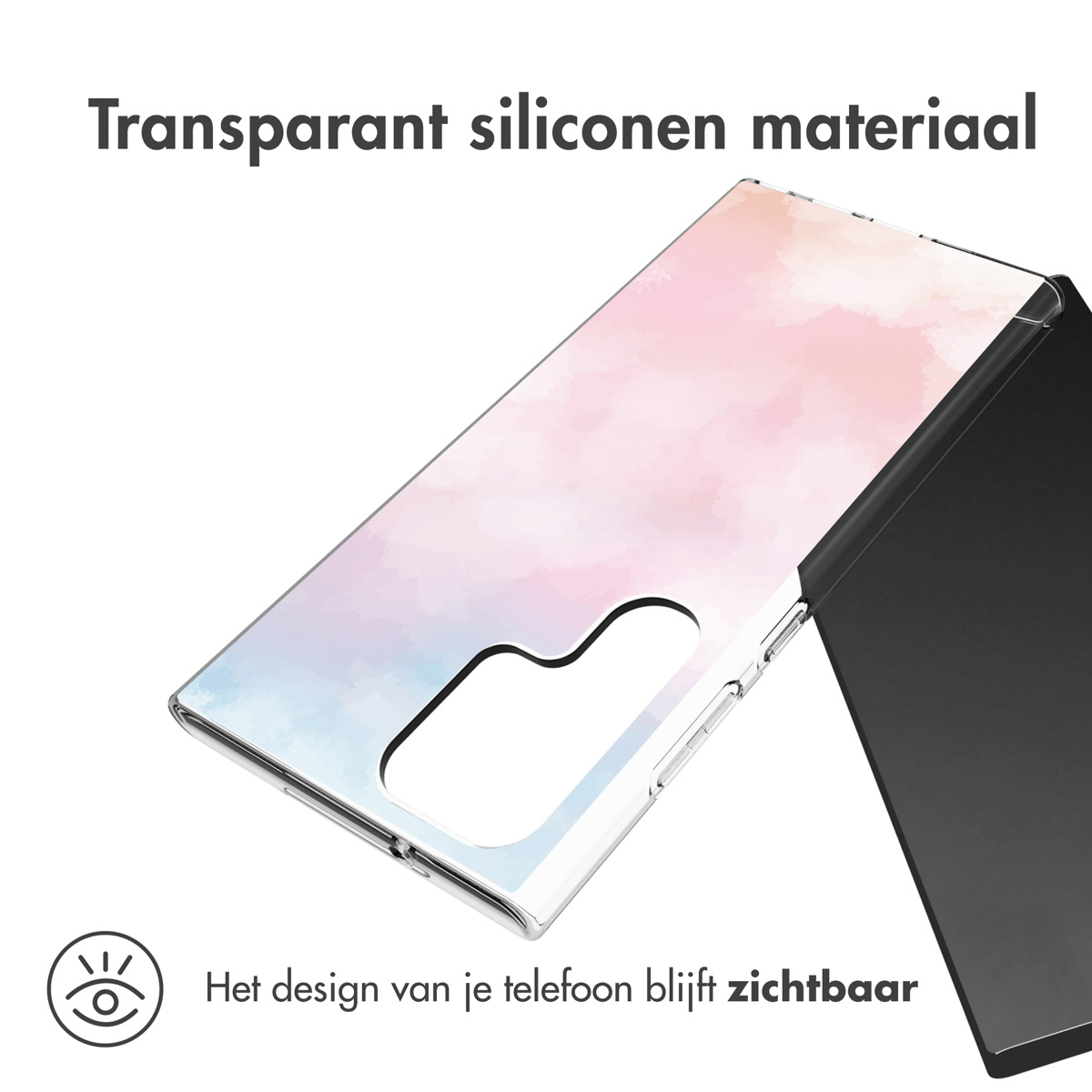 Transparente Handyhülle mit rosa und blauem Aquarelldesign.
