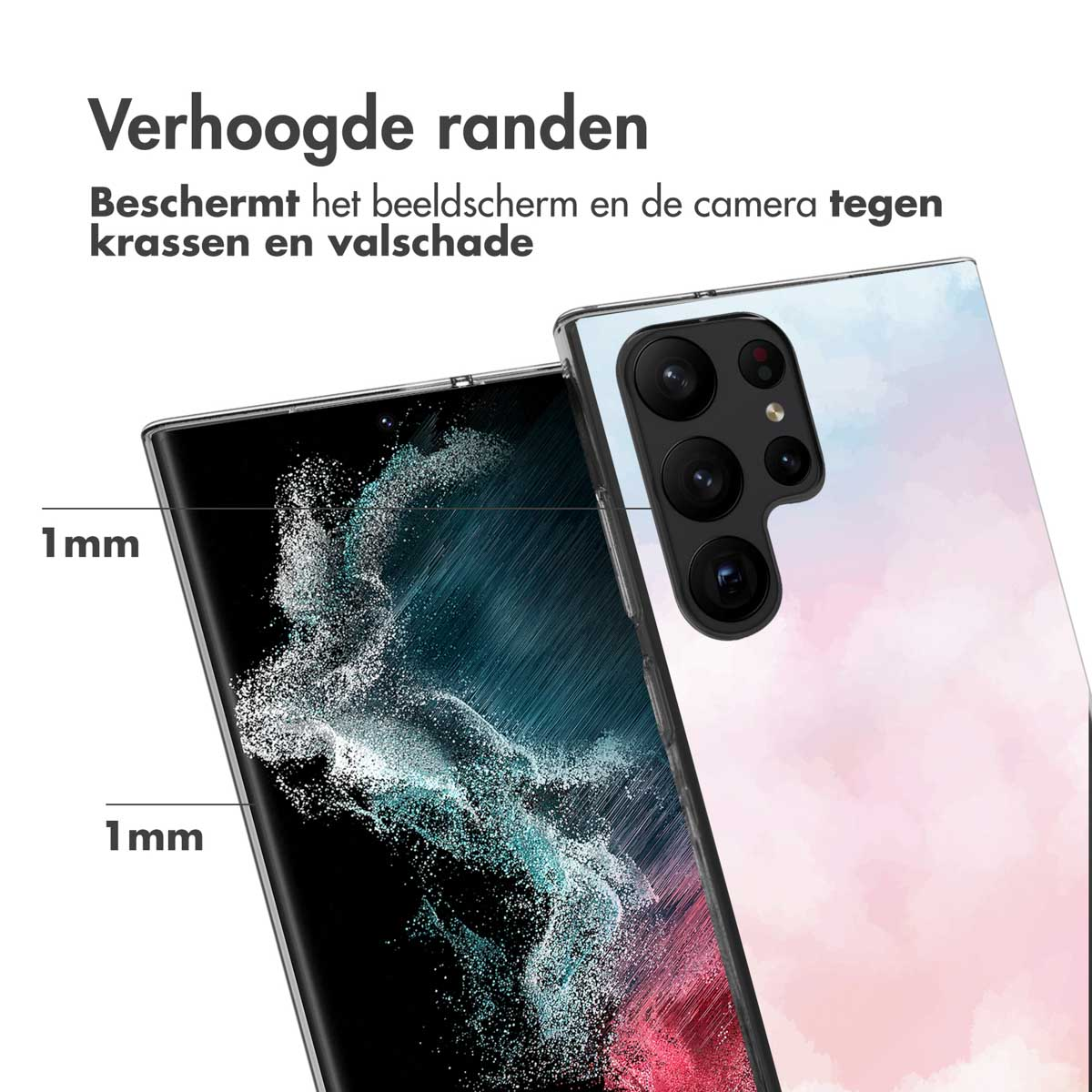 Handyhülle auf einem Telefon. Hülle ist weiß mit rosa Oberteil und blauem Boden.