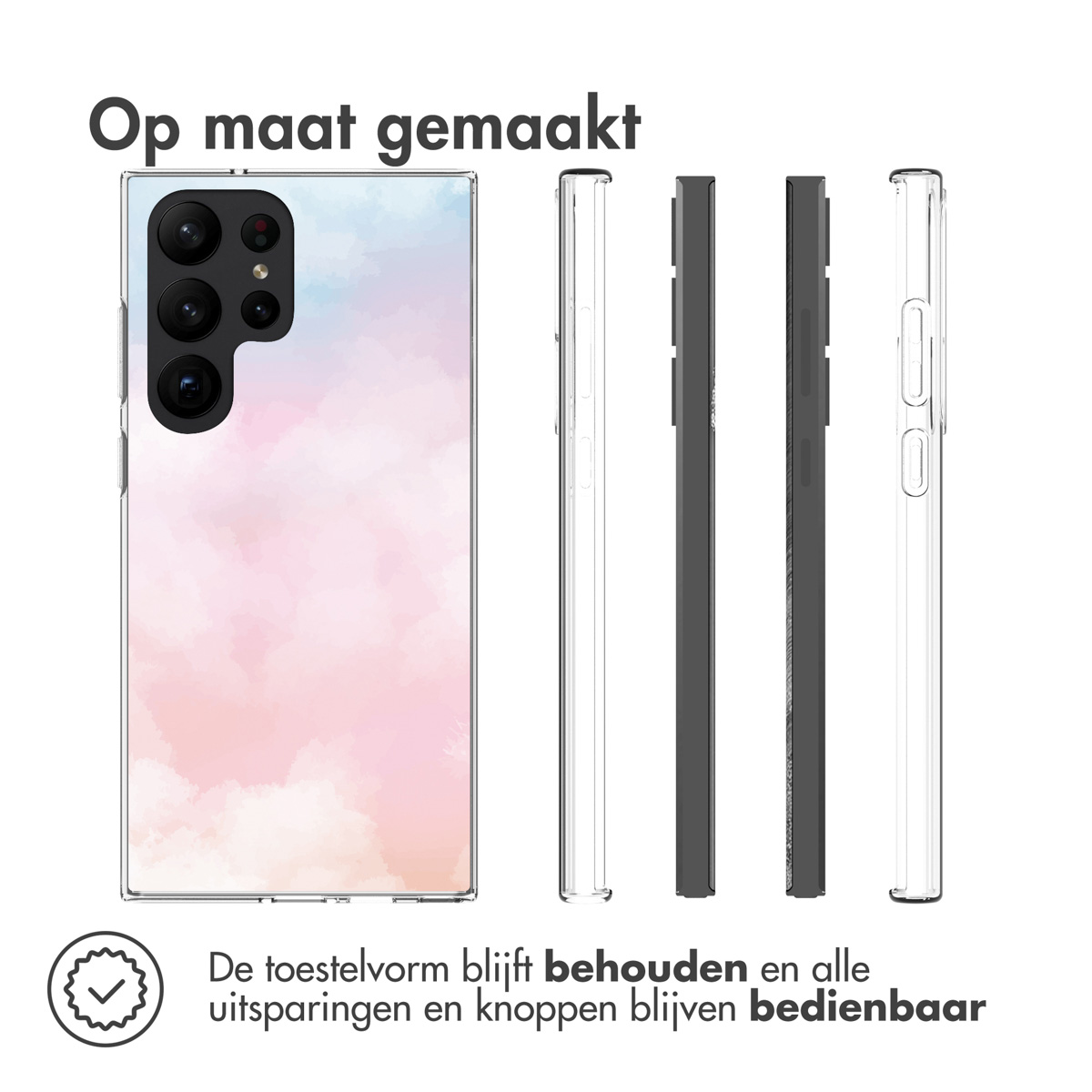 Telefon mit Hülle. Verschiedene Teile der Handyhülle werden gezeigt. Text: Maßgeschneidert. Weißer Hintergrund.