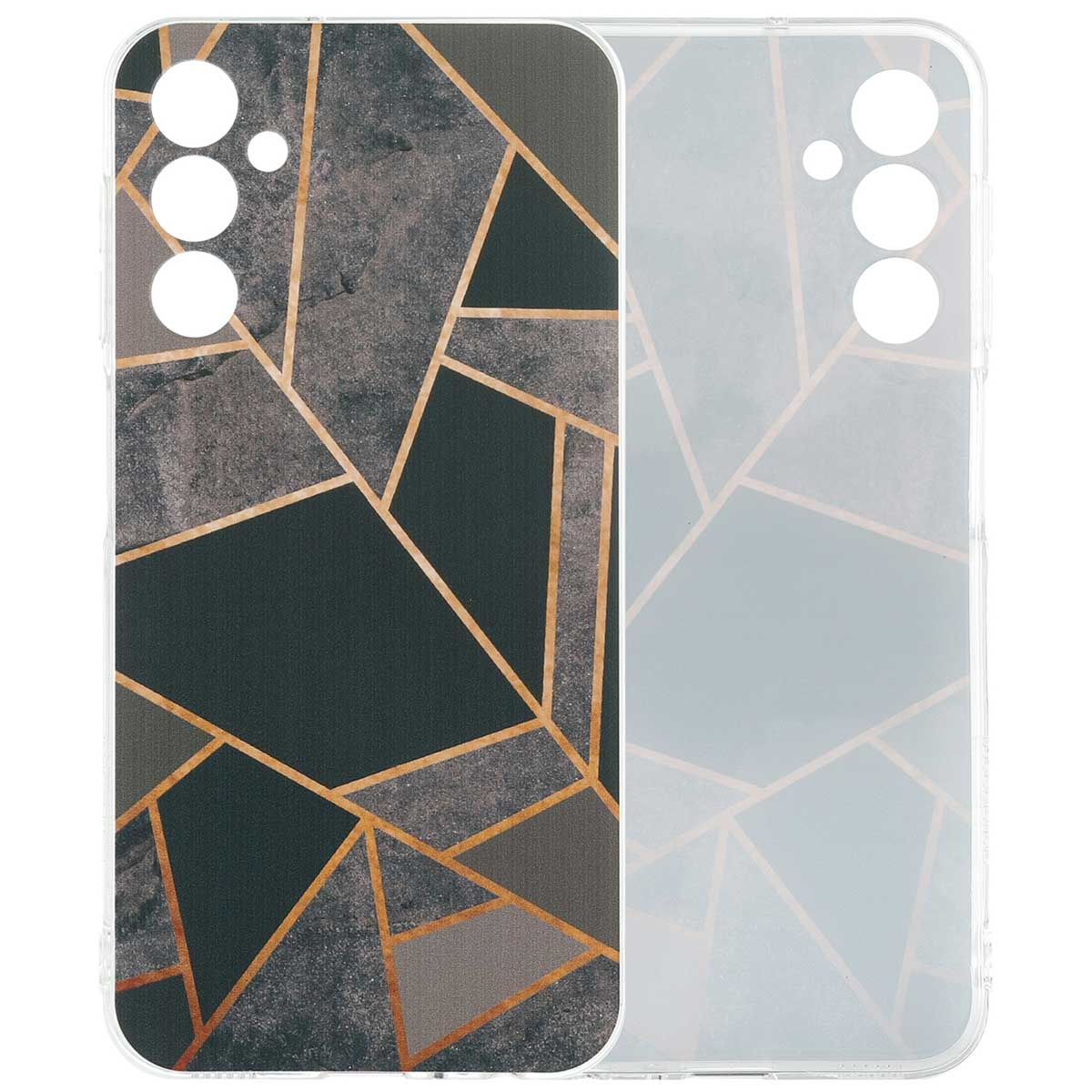 Une coque de téléphone avec un design géométrique de formes grises, noires et dorées.