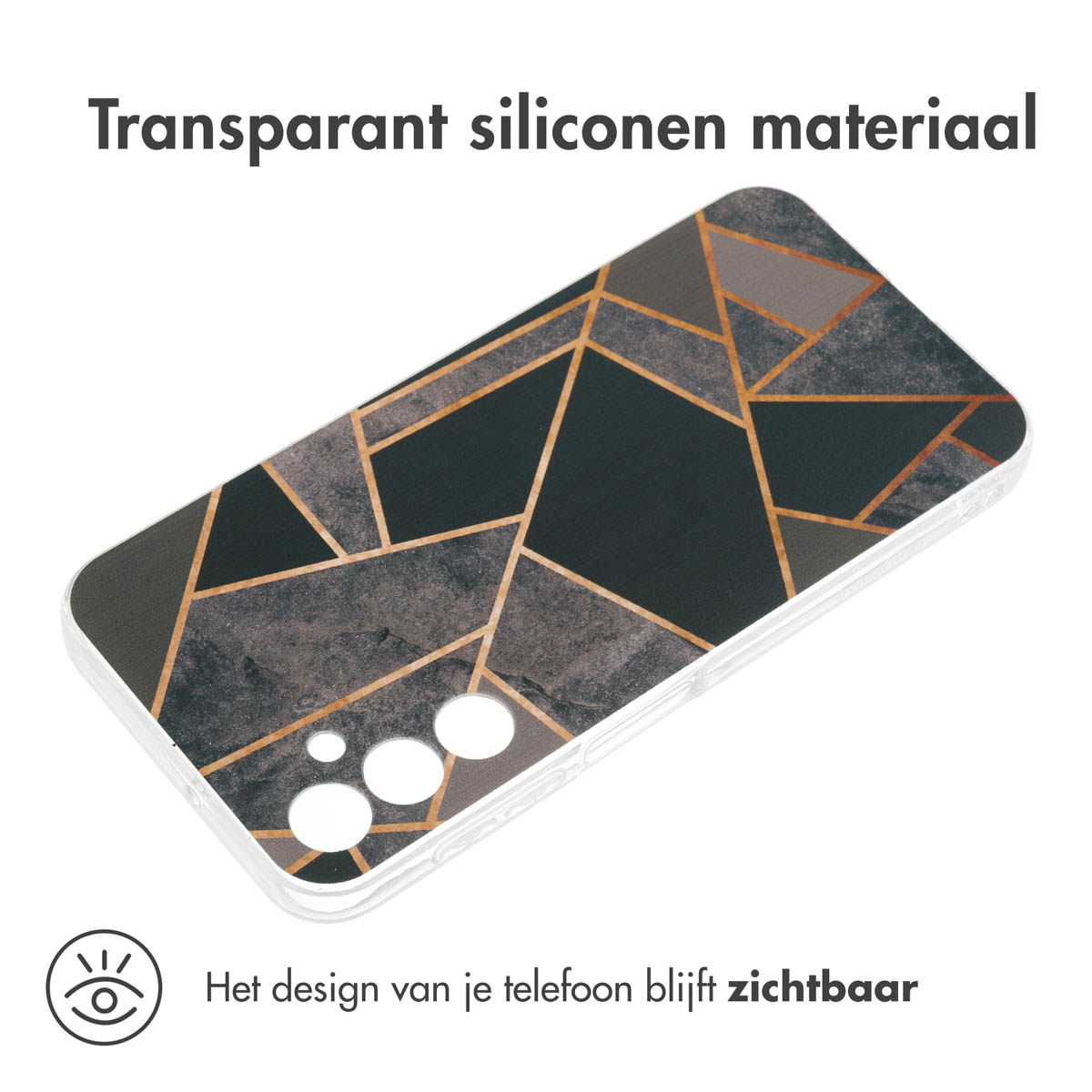 Coque de téléphone transparente avec un motif géométrique aux couleurs sombres. Le design laisse le téléphone visible.
