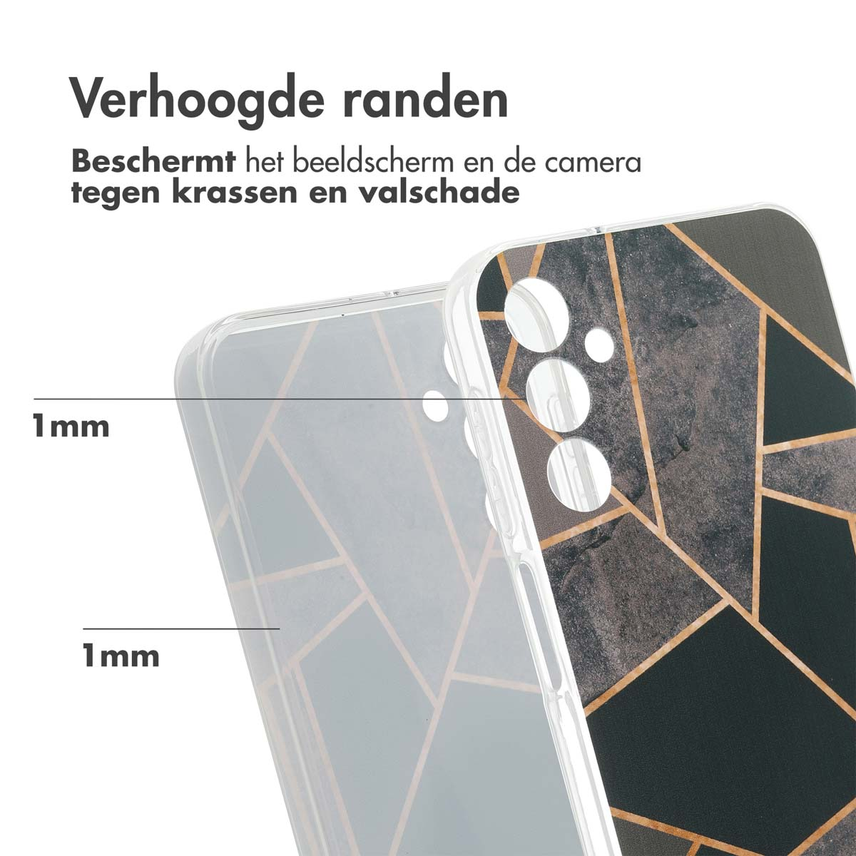 Coque de téléphone transparente avec un design géométrique. Elle a des bords relevés.